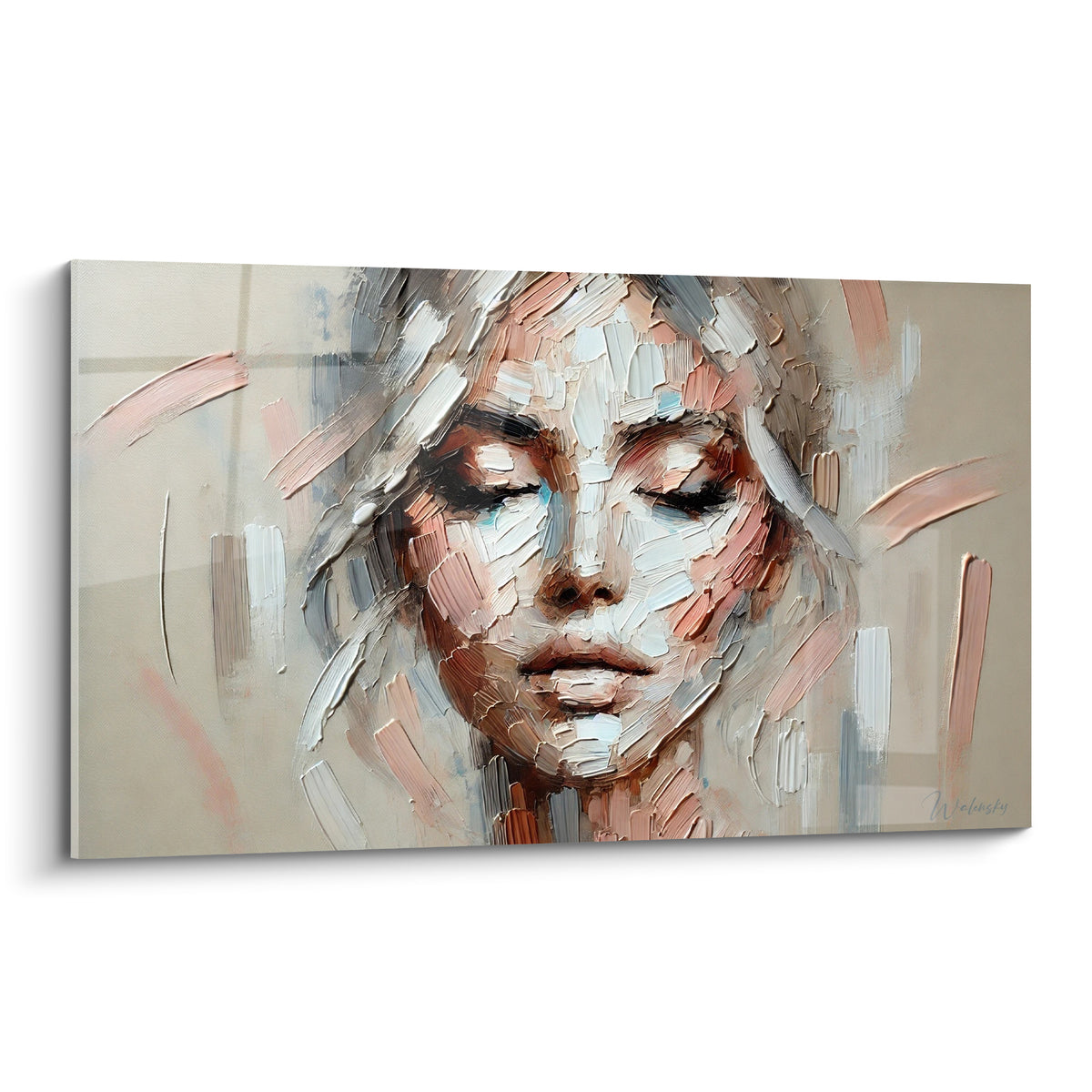 Visage abstrait aux paupières closes, touches rose poudré et beige, texture épaisse au couteau