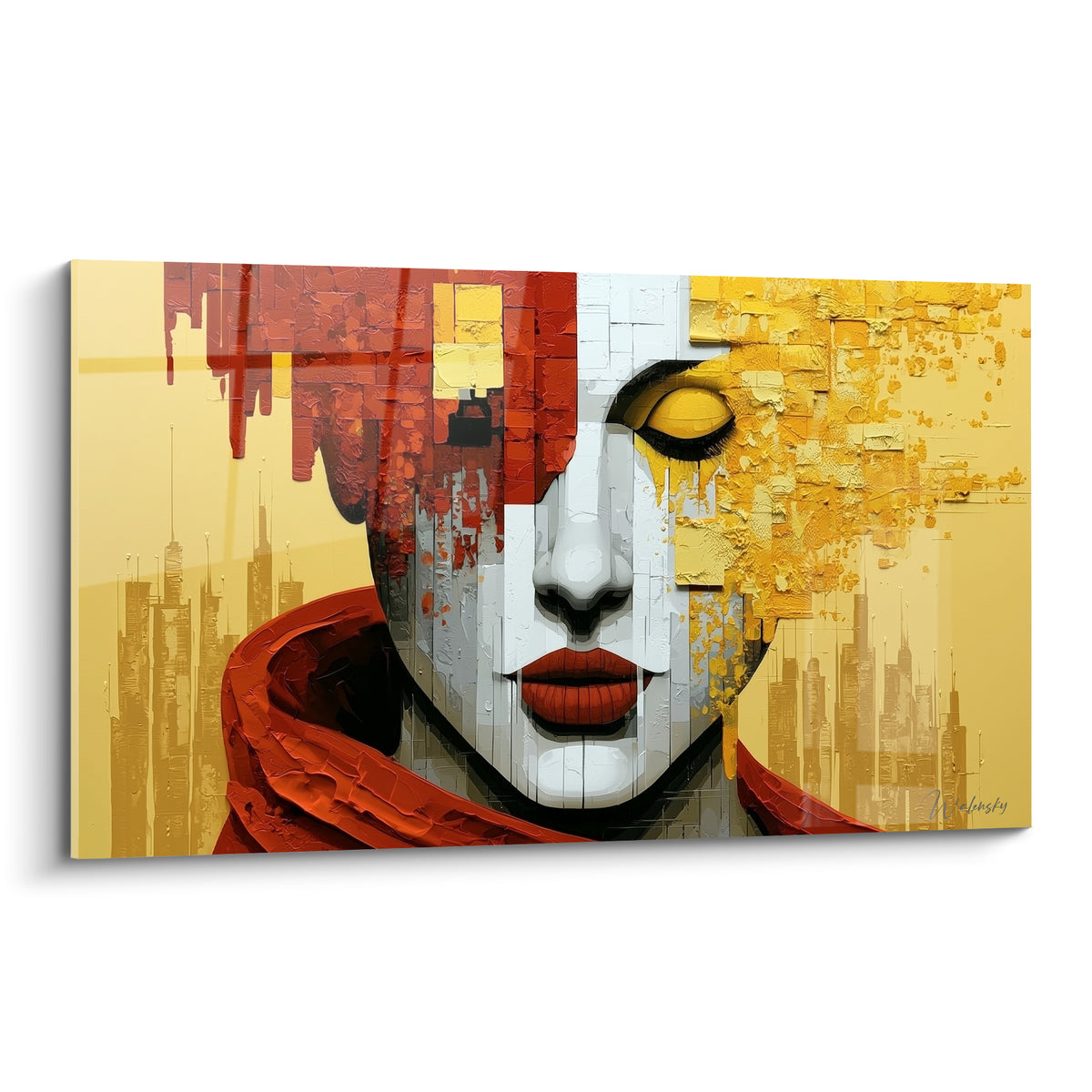 Visage abstrait aux teintes rouge terracotta et dorées, yeux clos, silhouette urbaine en fond, texture empâtée