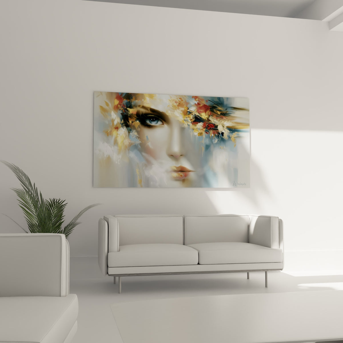 Regard bleu perçant entouré de touches ocre et rouge, suspendu au-dessus d'un canapé dans un salon lumineux
