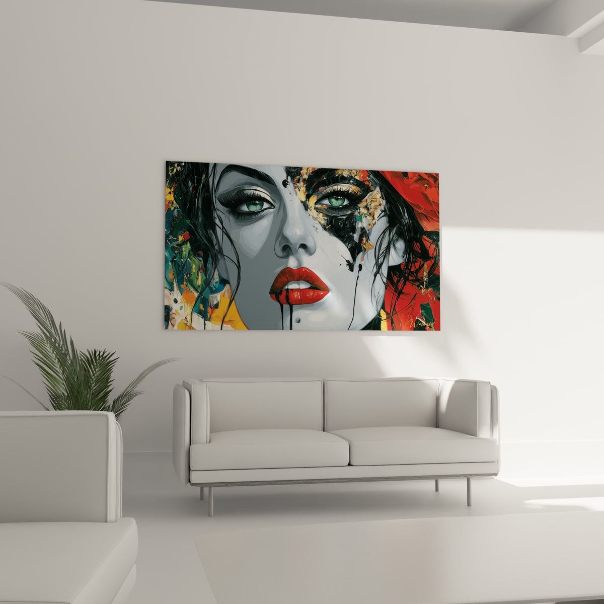 Regard émeraude et lèvres écarlates du visage abstrait au-dessus d'un canapé dans un salon lumineux