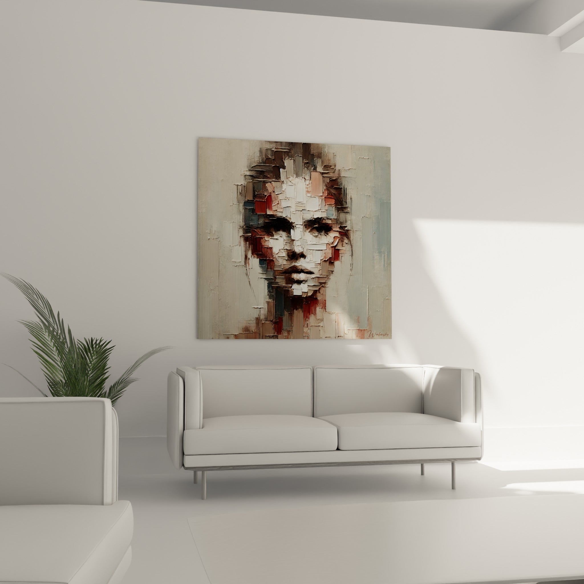 Visage éclaté en blocs anthracite et blanc cassé, suspendu au-dessus d'un canapé dans un salon lumineux