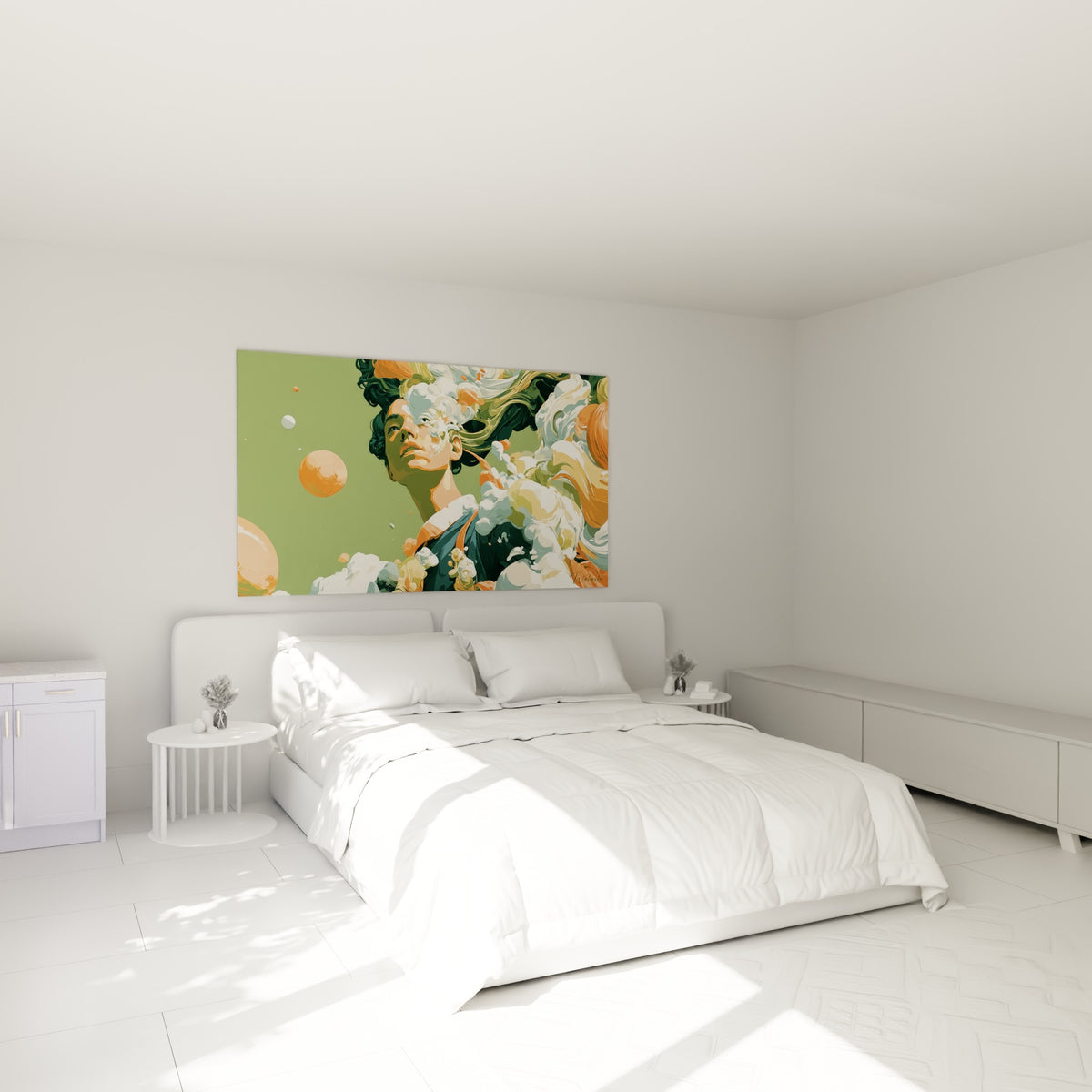 Portrait aux tons vert sauge et orange, nuées vaporeuses, au-dessus d'un lit dans une chambre claire