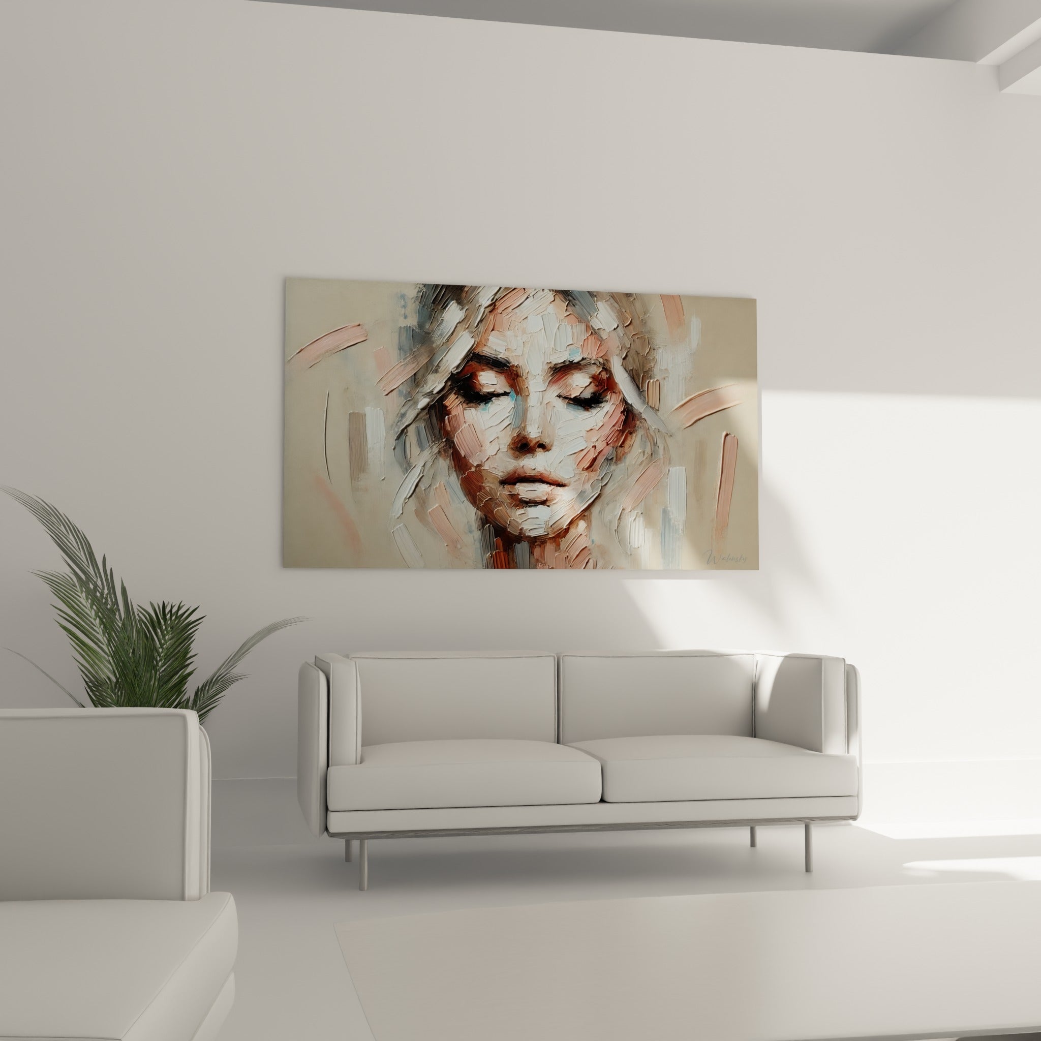Femme aux yeux fermés en camaïeu beige et terracotta au-dessus d'un canapé dans un salon lumineux