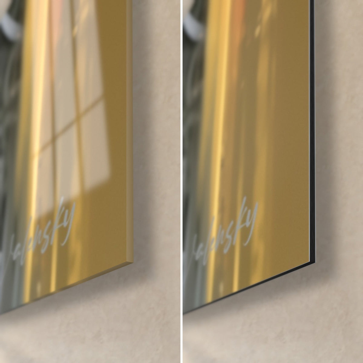 Schilderij blik van een vrouw in rood en goud, rechterhoek onder: glanzend acrylglas links, mat Dibond-aluminium rechts, zwarte rand van 3 mm