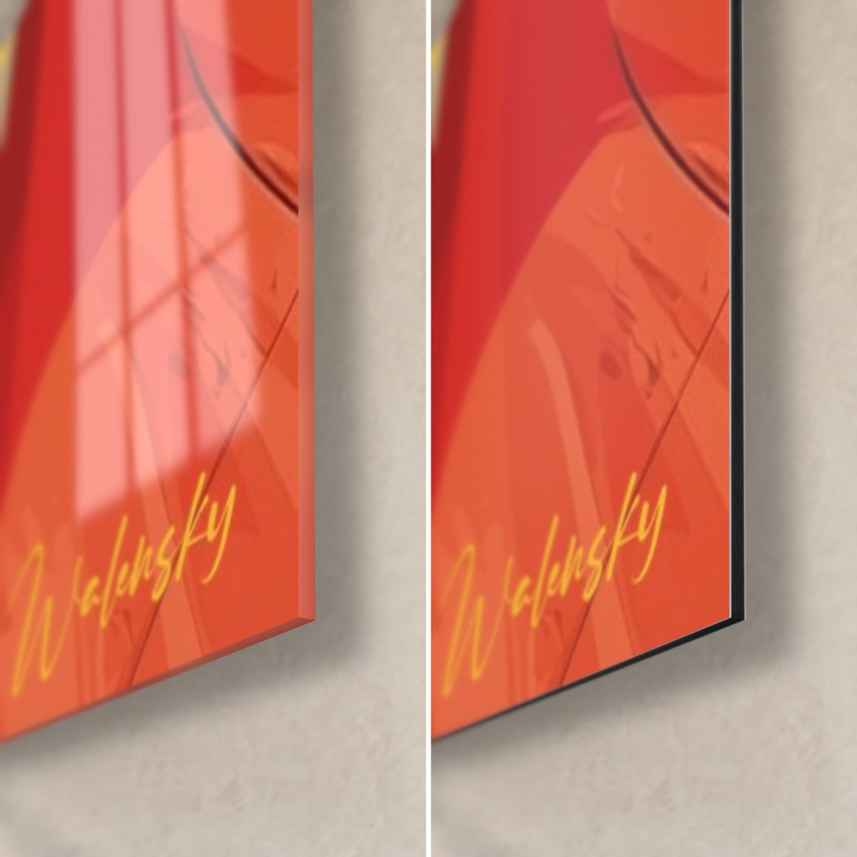 Schilderij vrouw met amberkleurige blik, levendig rood en geel, rechtsonder: glanzend glas links, mat Dibond rechts