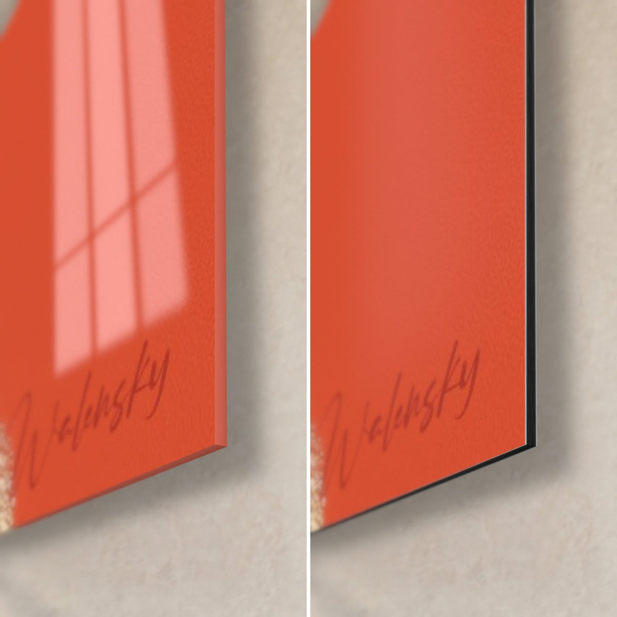 Quadro volto stilizzato in nero e rosso vermiglione, angolo in basso a destra: vetro acrilico lucido con riflessi, Dibond opaco, spessore 3 mm