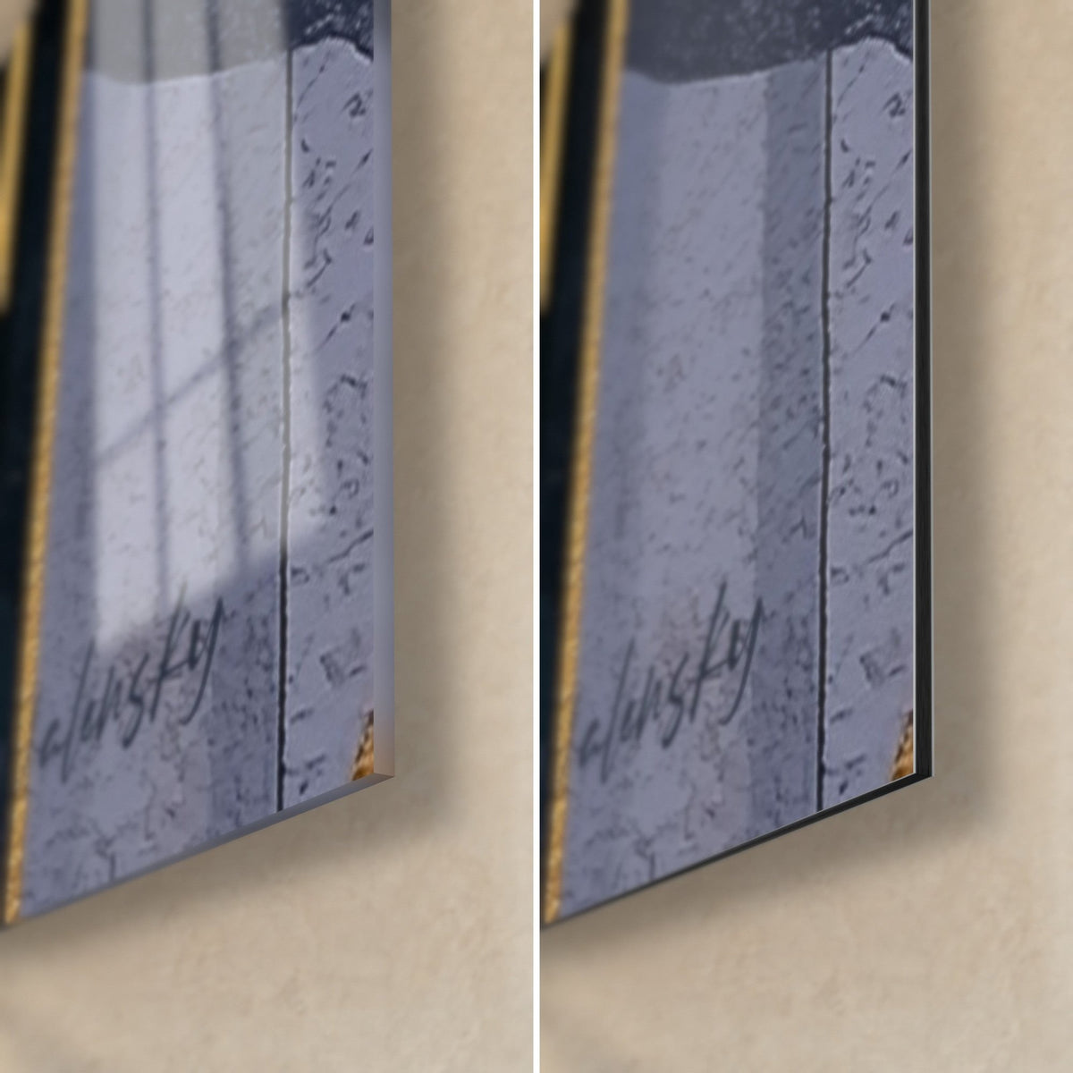 Cuadro sueño estrellado, esquina inferior derecha: cristal acrílico brillante que refleja la ventana, aluminio Dibond mate azul lavanda, canto de 3 mm