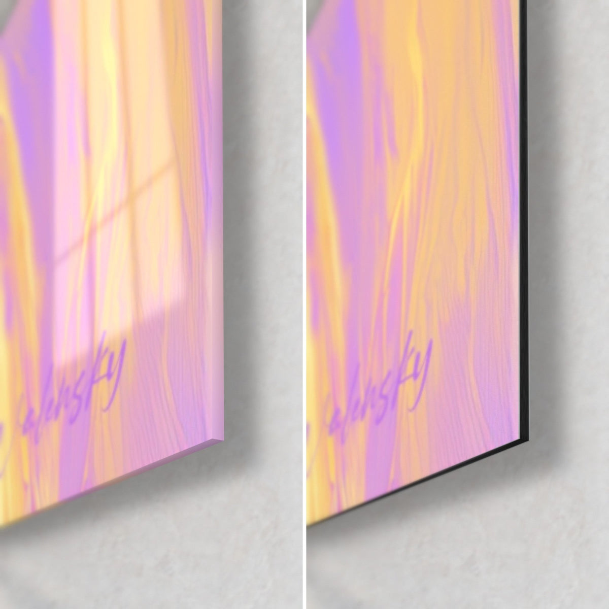 Wall art blue and violet profile, bottom right corner: glossy acrylic glass on the left, matte Dibond aluminium on the right, 3 mm edge