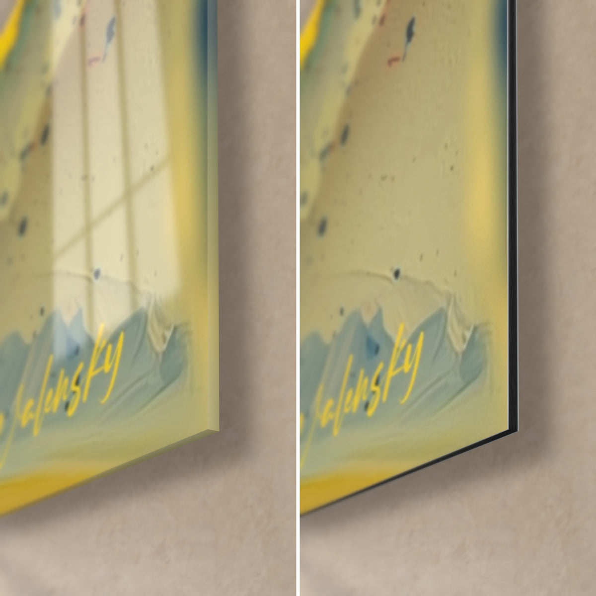 Wall art of a blue face with golden flames, bottom right corner: glossy acrylic glass with reflections on the left, matte black Dibond aluminum with a 3 mm edge