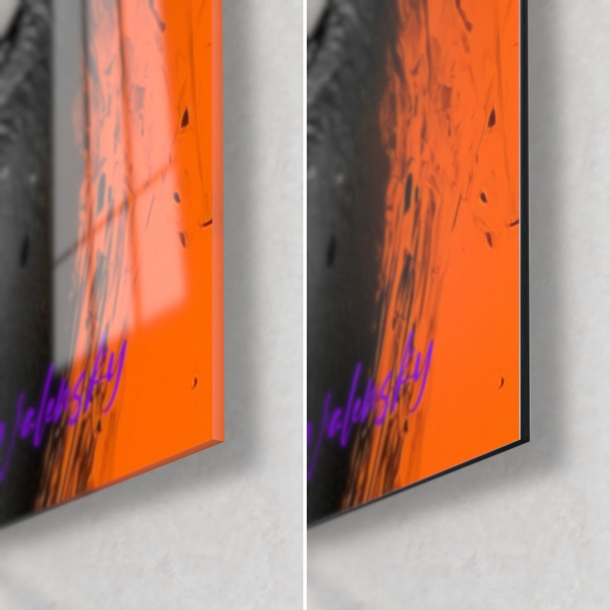 Gemälde violettes Auge mit orangefarbenen Spritzern, untere rechte Ecke: glänzendes Acrylglas mit Reflexen, mattschwarzes Dibond-Aluminium, 3 mm Kante