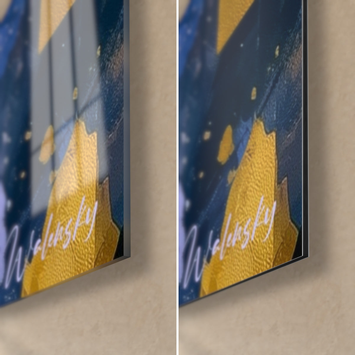 Tableau visage aux yeux sombres, coin bas droit : verre acrylique brillant aux reflets et Dibond mat, jaune d'or et bleu nuit