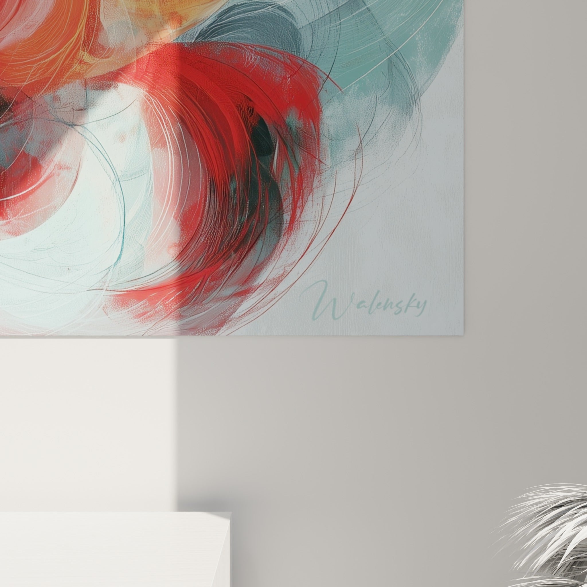 Empâtements et coulures visibles sur le visage abstrait, où le rouge vermillon et le gris anthracite se fondent en surface