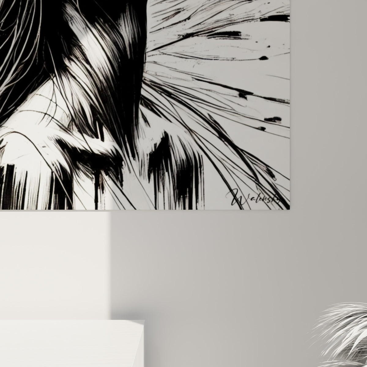 Gros plan sur les traits d'encre noire et les mèches griffées du tableau visage abstrait, texture graphique