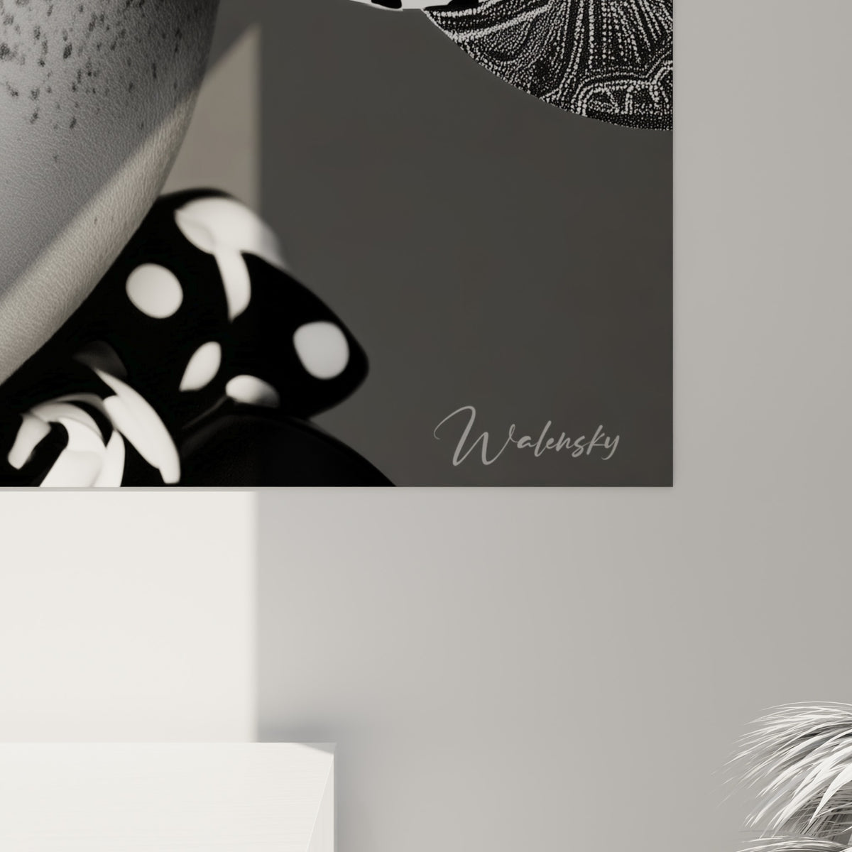 Détail des motifs pois noirs et blancs et du grain de l'impression sur ce visage abstrait à touche rouge