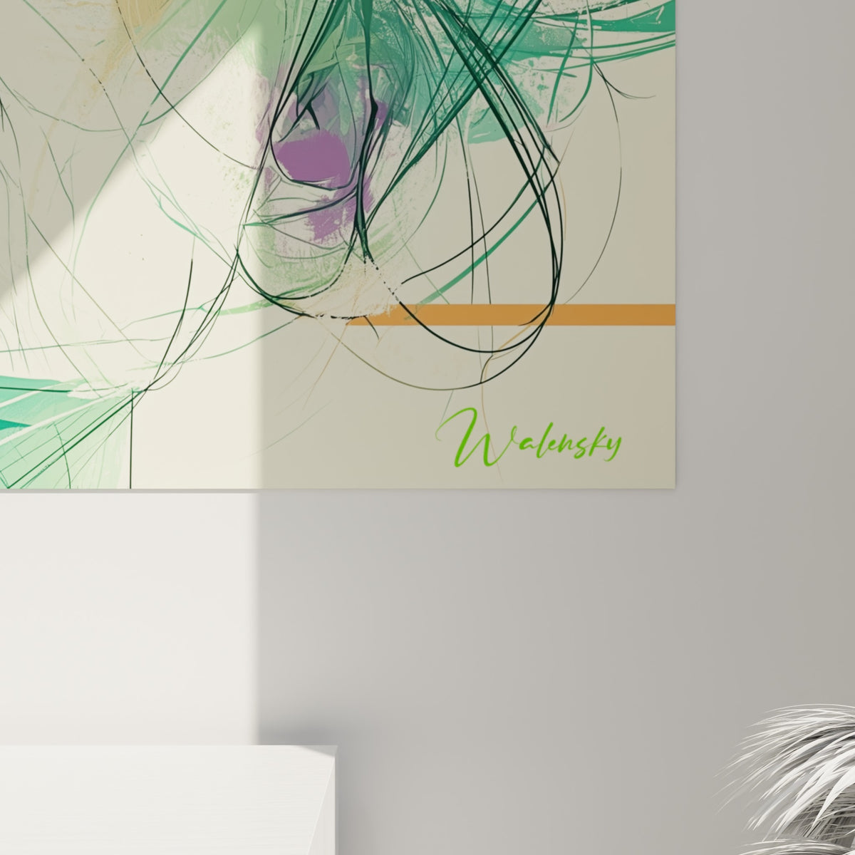 Détail du trait encre noire sur fond vert sauge, empâtements orange et grain de l'impression visibles
