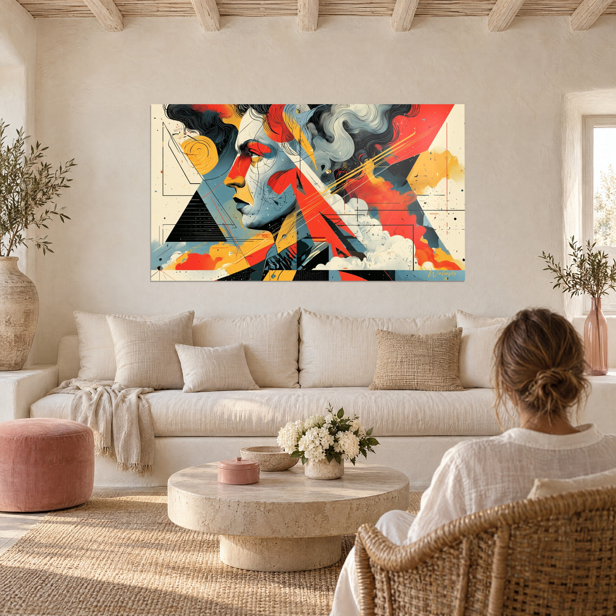 Gemälde Profil in Graublau mit roten Wangen, schwarzen Voluten und Dreiecken, über einem Sofa in einem hellen Wohnzimmer