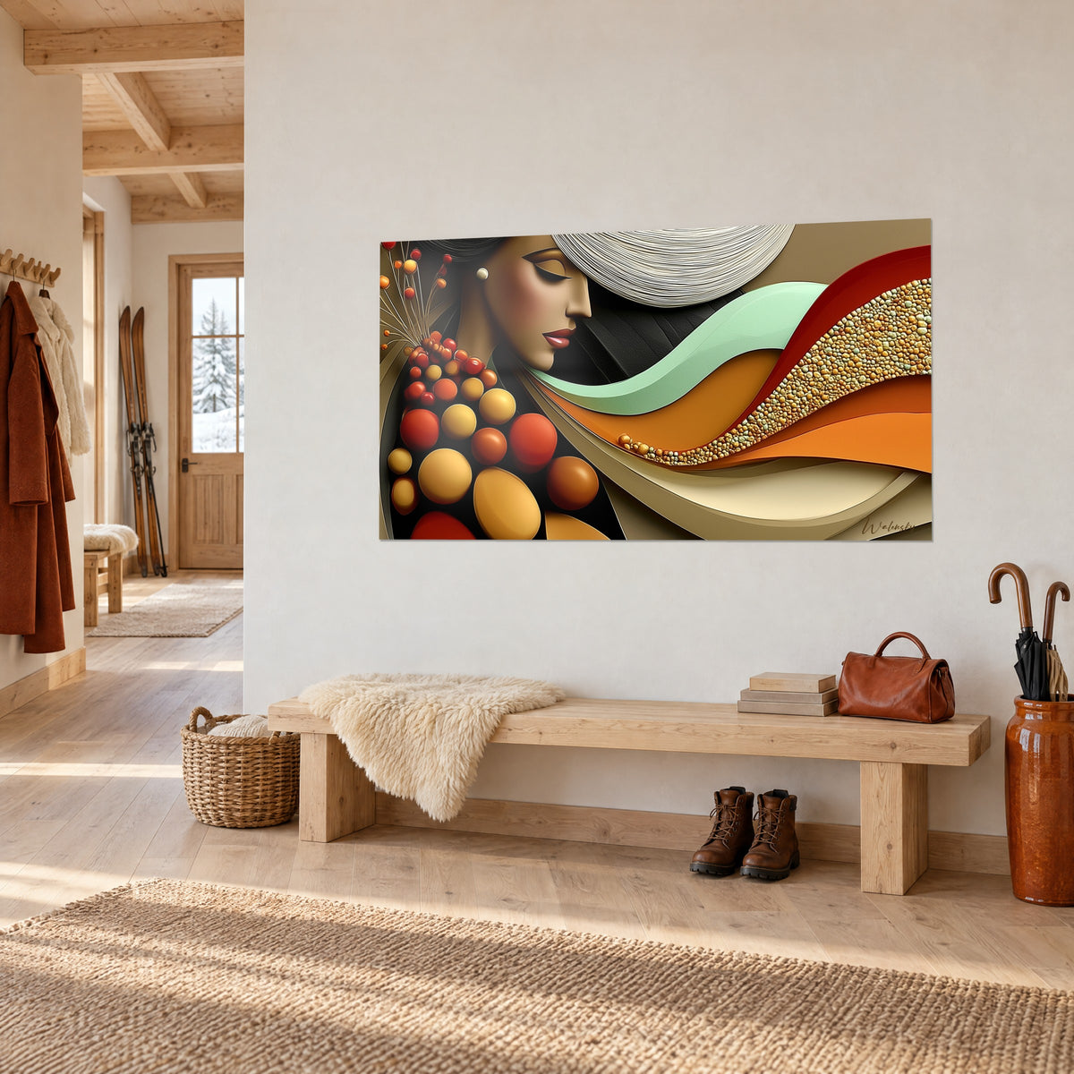 Wall art stylized portrait with pink lips, hair made of white threads, red and yellow spheres, hung in the entrance of a chalet