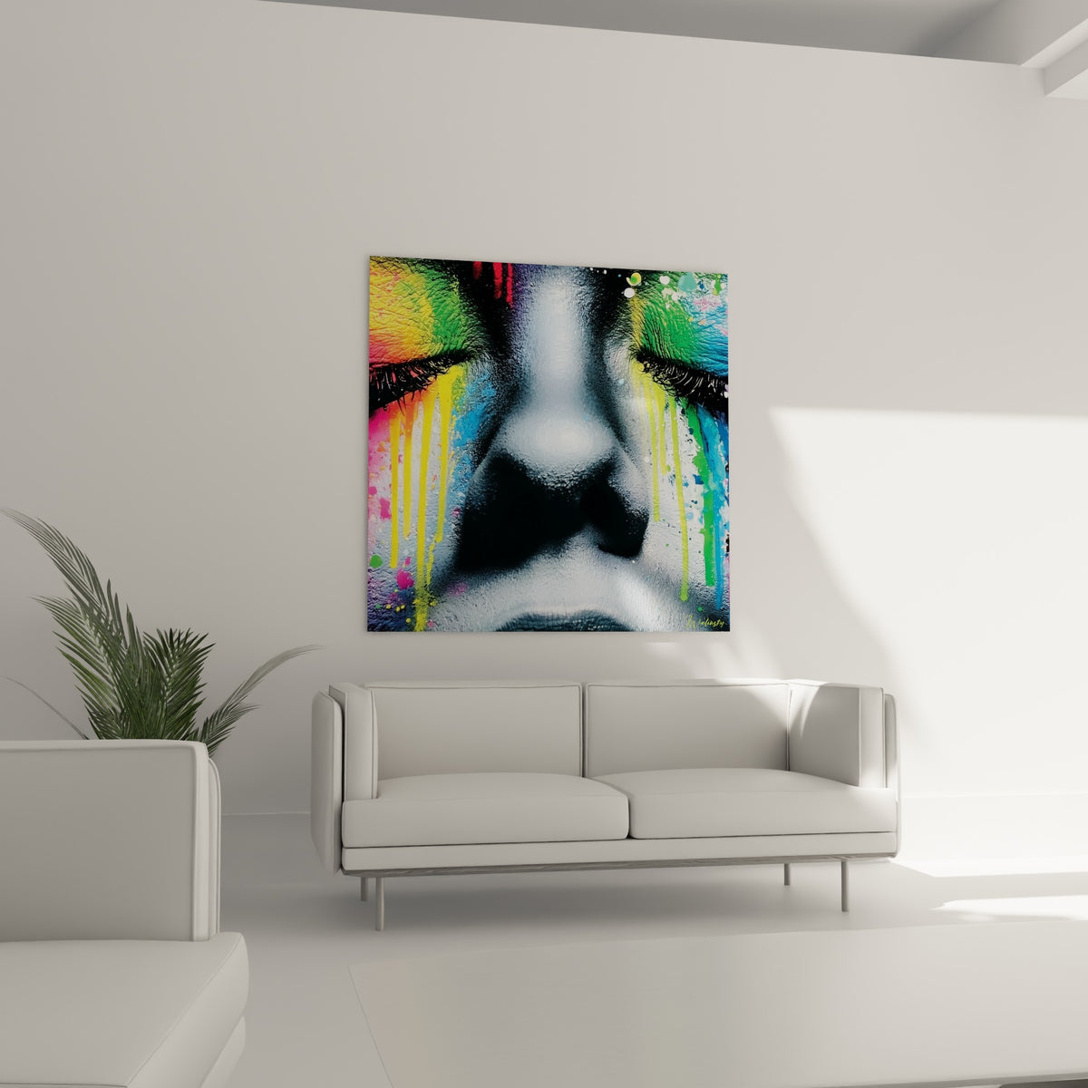 Coulures vertes et roses sur cils noirs intenses, au-dessus d'un canapé dans un salon lumineux