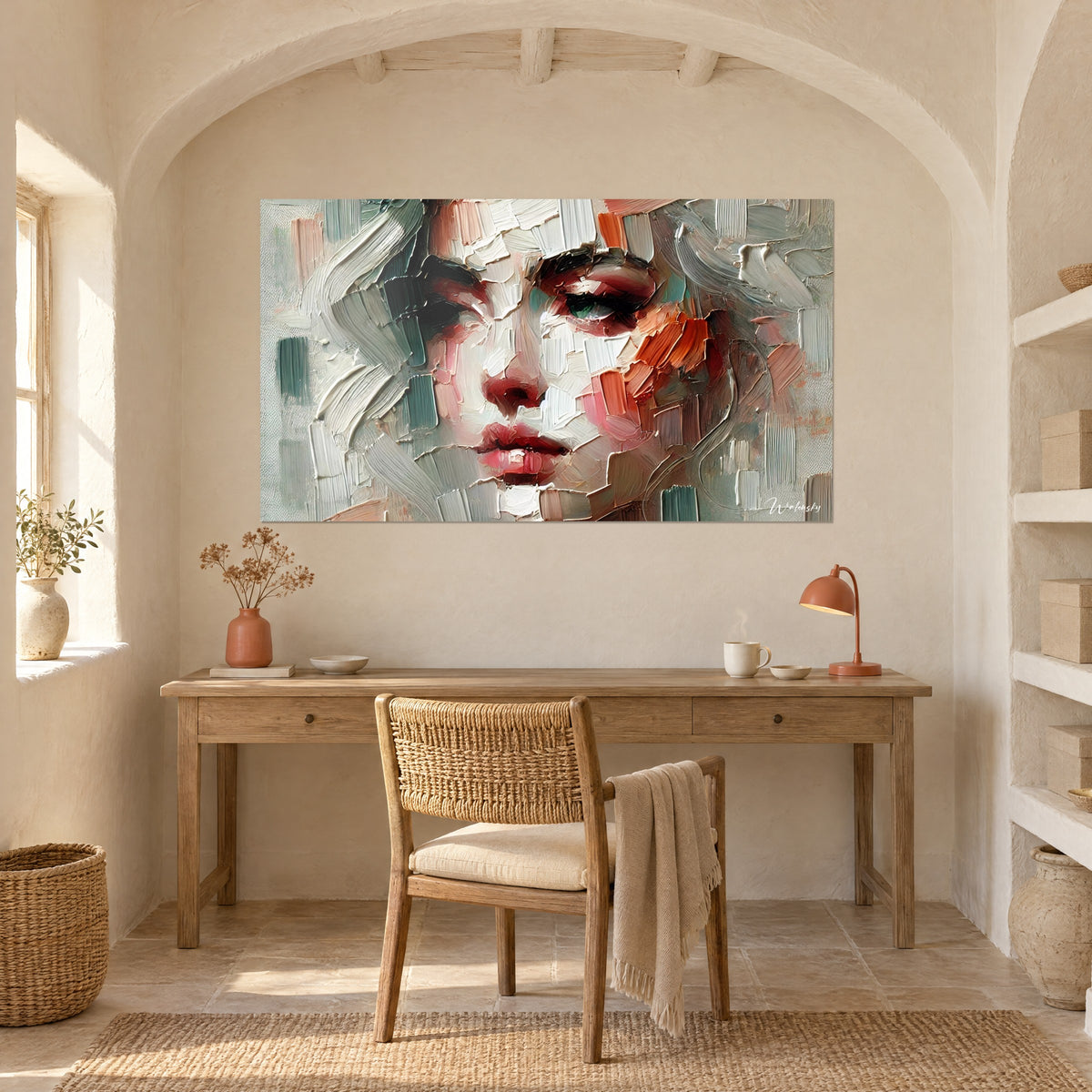 Gemälde Muse in Öl gemalt mit beigen, gräulich türkisen und zinnoberroten Flächen, unter einem Bogen über einem Schreibtisch aus hellem Holz gehängt