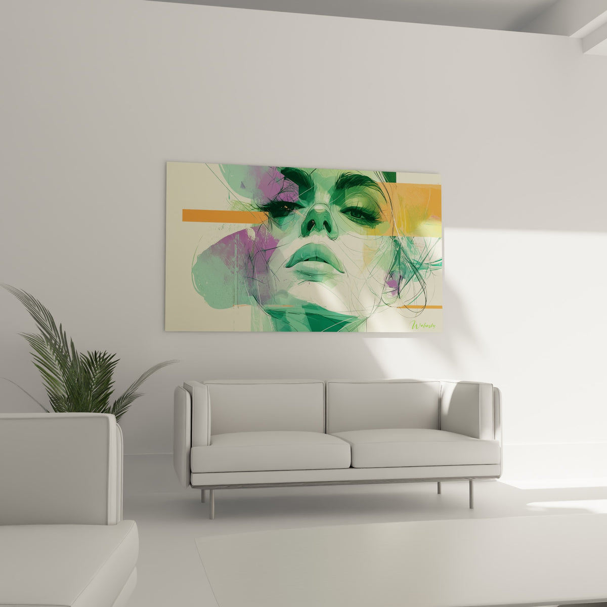 Visage graphique vert et violet aux lignes fines, au-dessus d'un canapé dans un salon lumineux