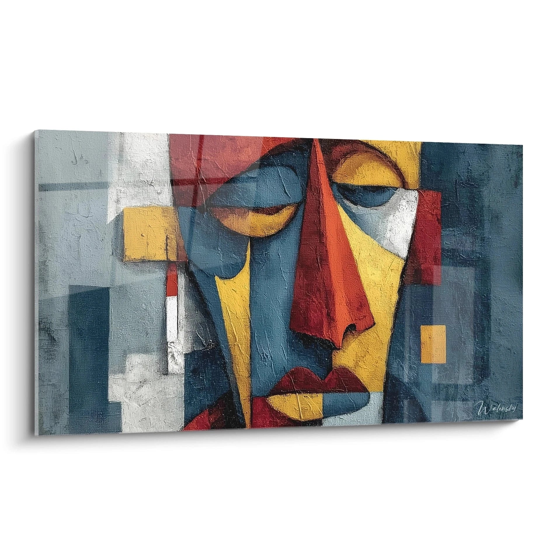 Tableau visage abstrait de Walensky avec couleurs vives et formes géométriques captivantes