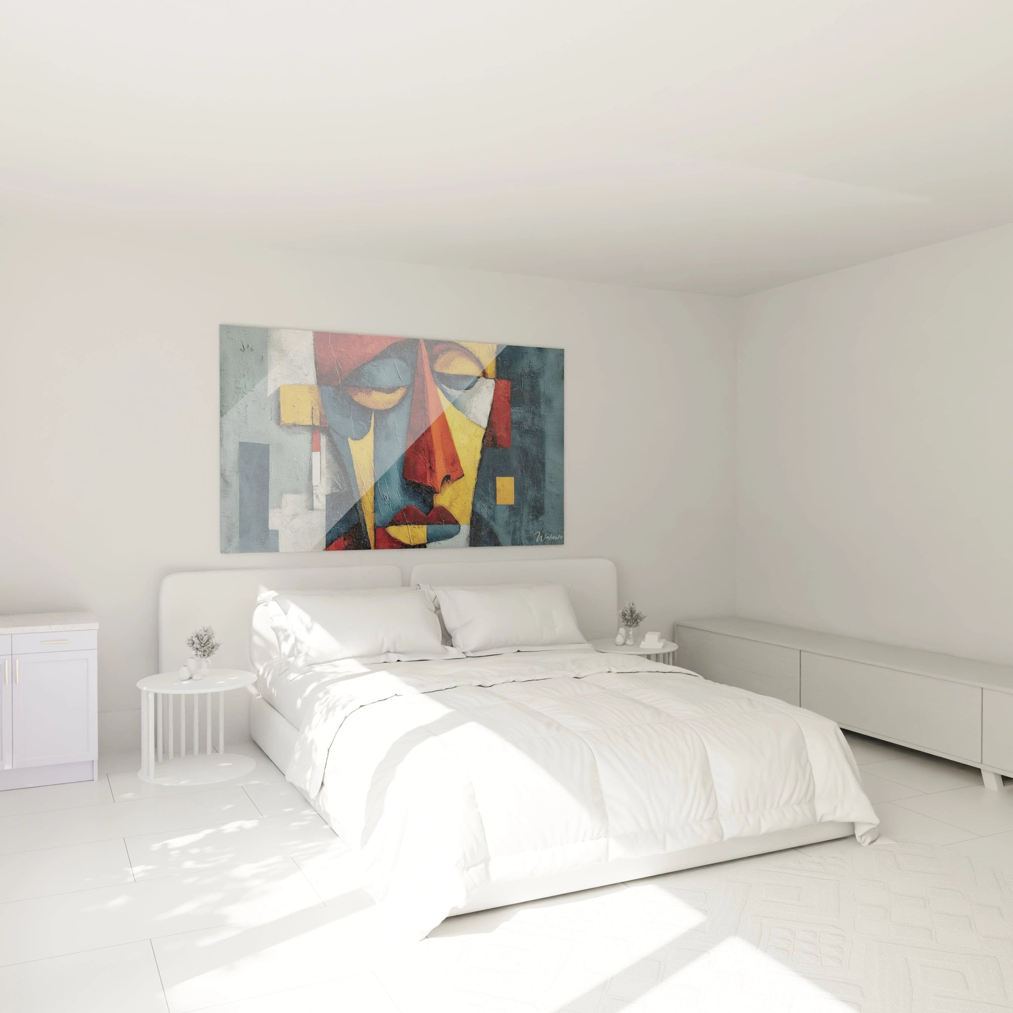 Tableau visage abstrait de Walensky, décor moderne pour une chambre lumineuse et épurée
