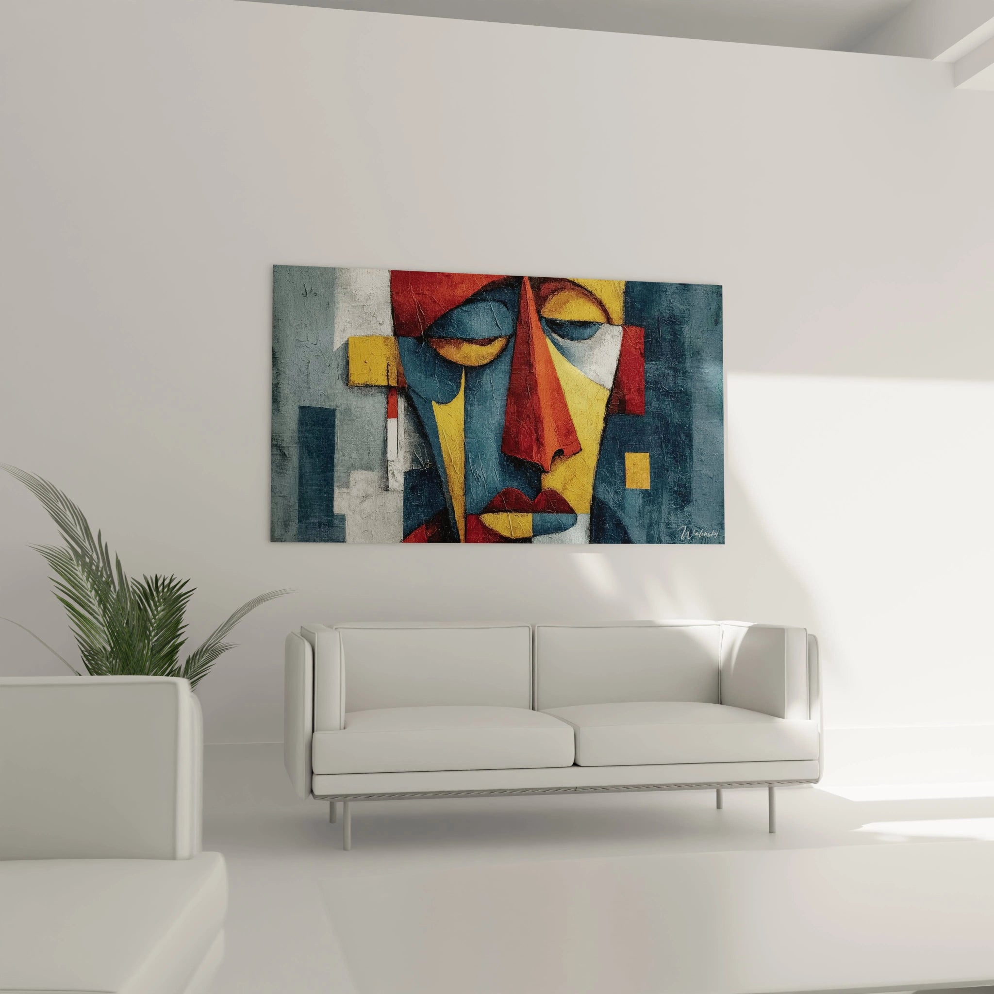 Tableau visage abstrait Walensky coloré accroché au mur dans un salon moderne avec canapé blanc