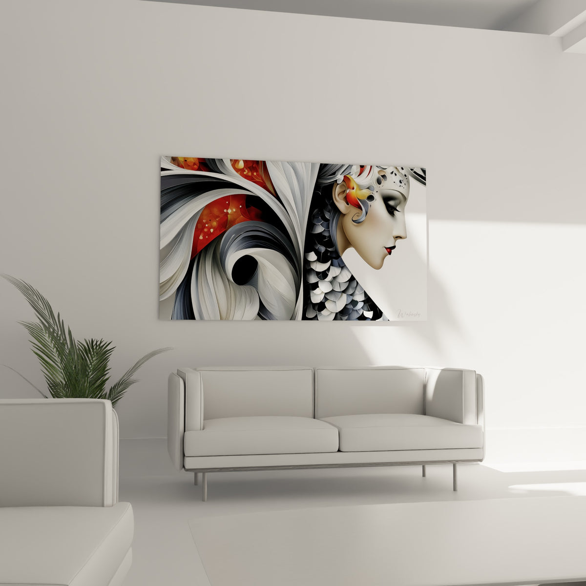 Portrait stylisé aux plumes anthracite et mèches blanches, Visage abstrait suspendu au-dessus d'un canapé dans un salon lumineux