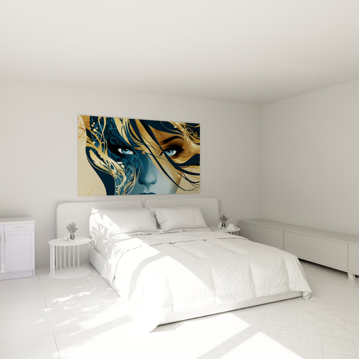 Portrait bleu marine et doré aux traits graphiques, accroché au-dessus d'un lit dans une chambre claire