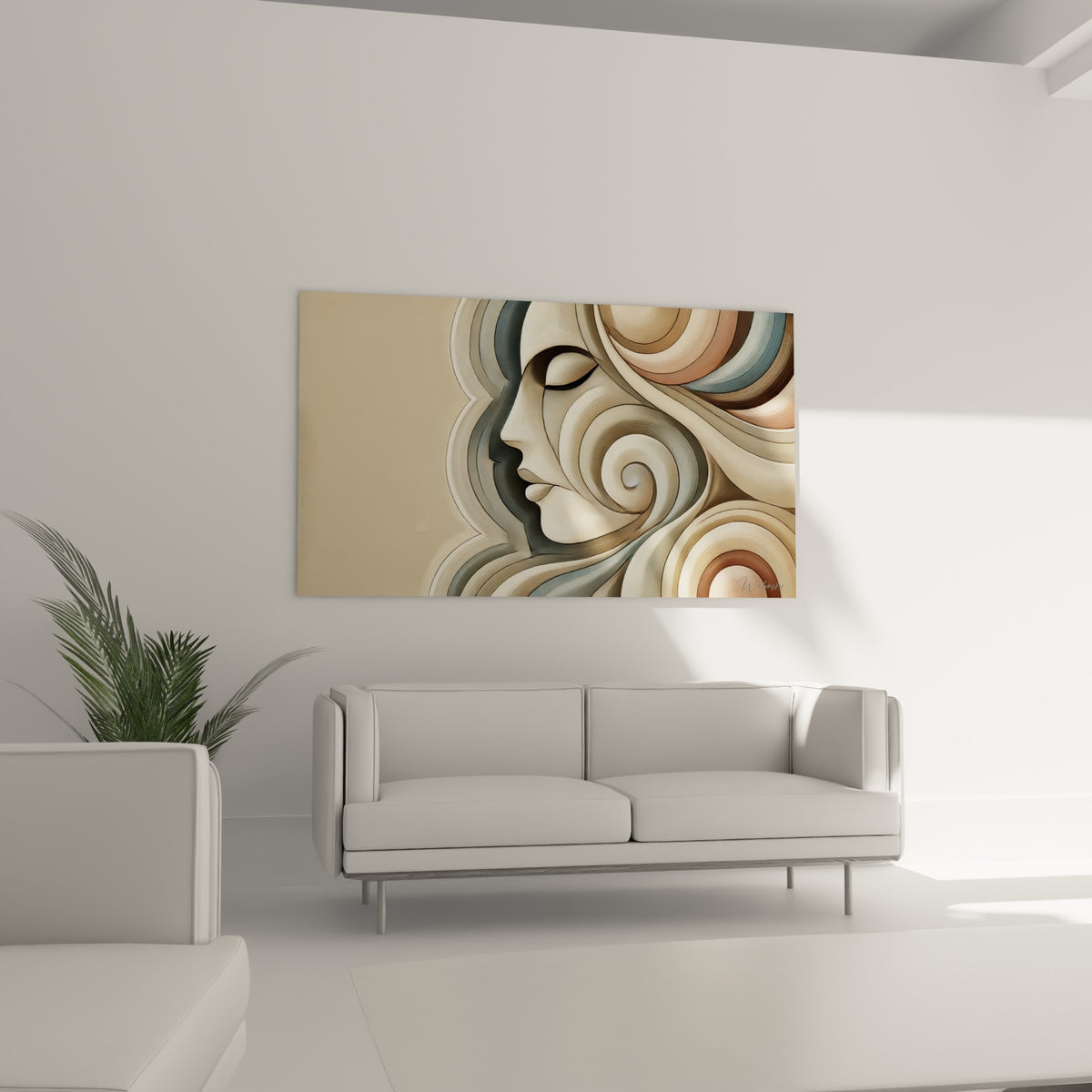 Portrait sculpté beige et terracotta placé au-dessus d'un canapé dans un salon lumineux