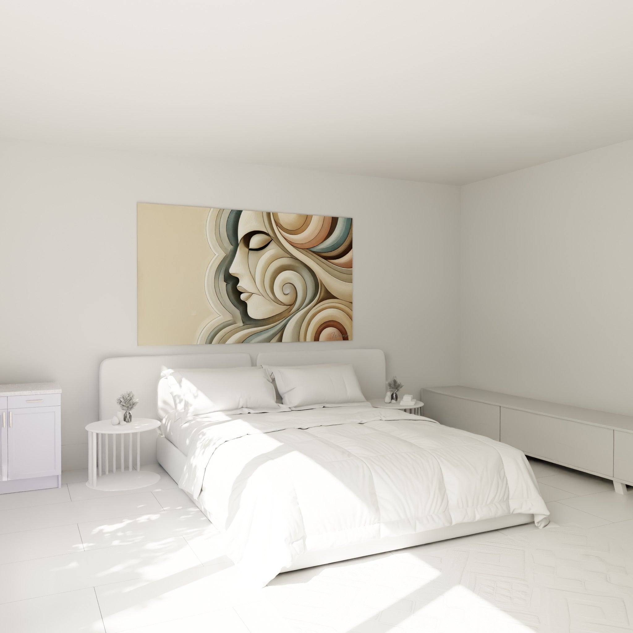 Visage abstrait aux volutes beige et anthracite accroché au-dessus d'un lit dans une chambre claire