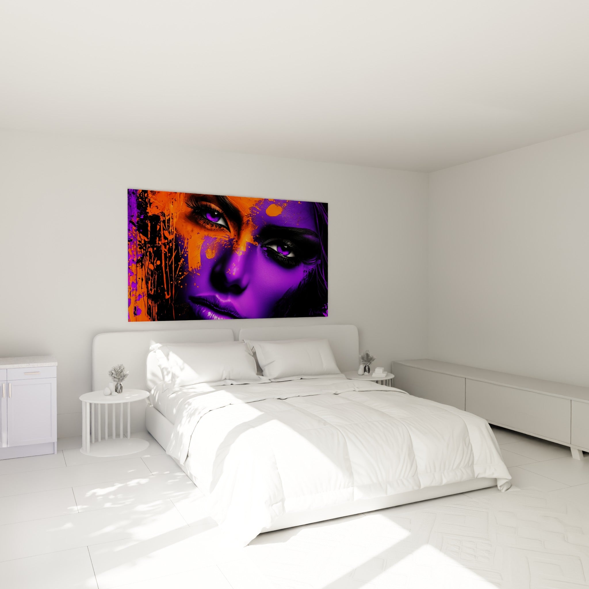 Regard violet intense divisé par des éclats orange, accroché au-dessus d'un lit dans une chambre claire