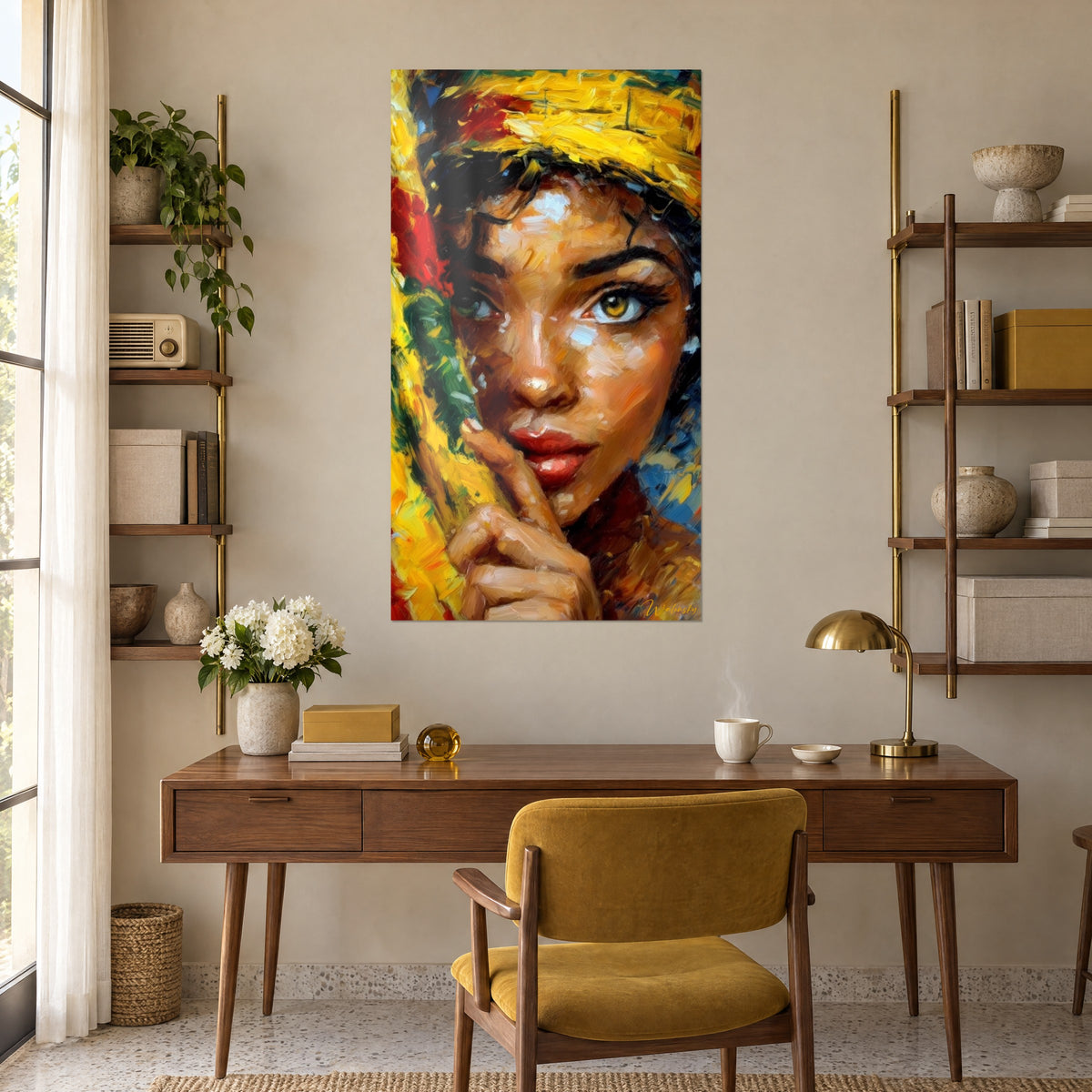 Quadro volto meticcio dal tratto spesso, labbra rosse e turbante senape, appeso sopra una scrivania in legno e delle librerie