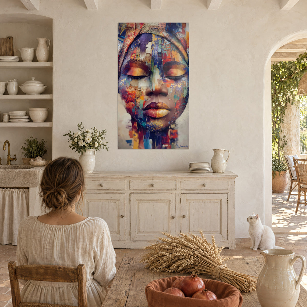 Quadro figura africana serena, turbante arancio e indaco, bocca bicolore porpora e oro, gatto bianco vicino alla credenza del casale
