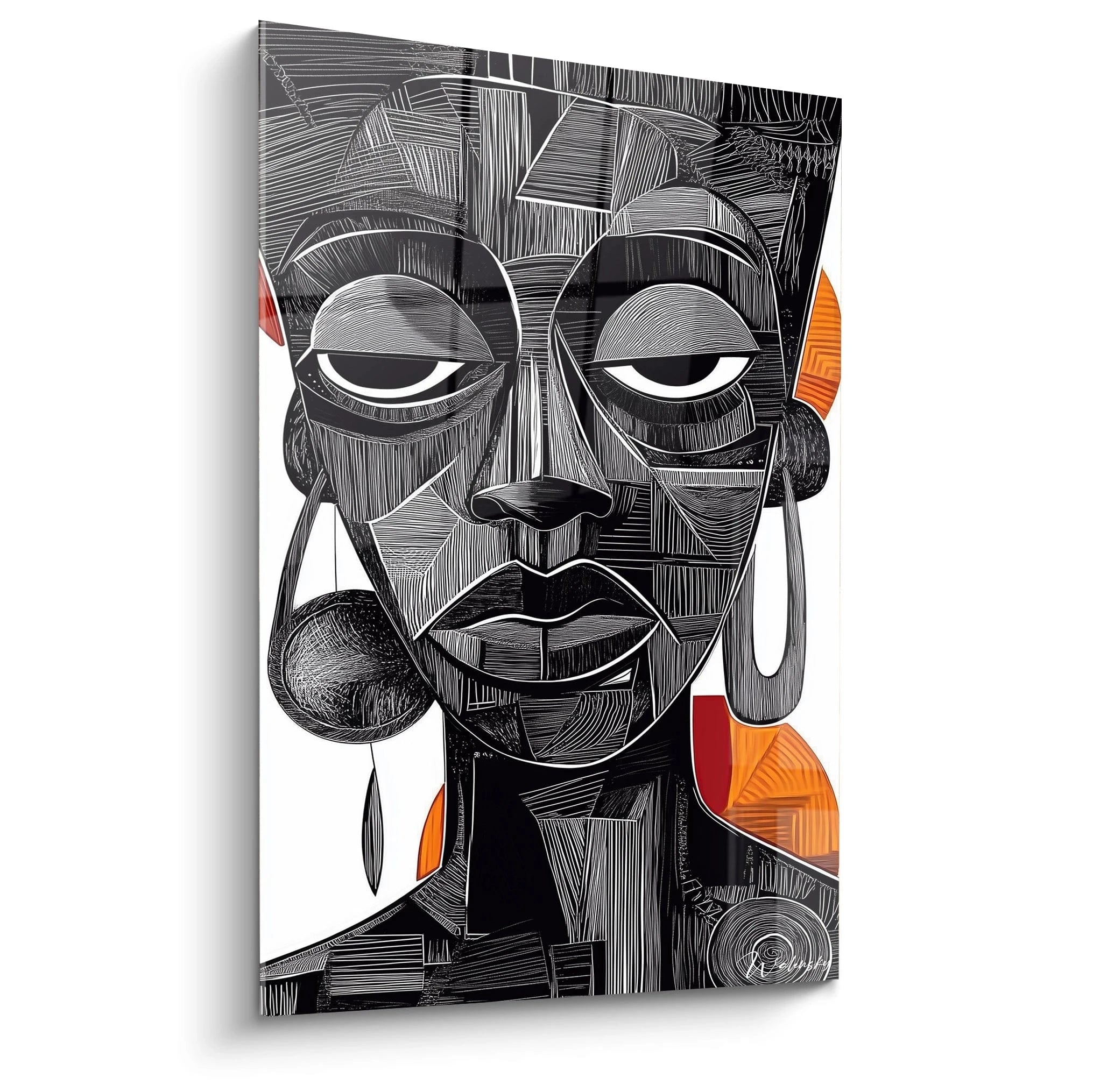 Tableau africain mural Walensky portrait abstrait femme noire avec boucles d'oreilles sur fond blanc et orange