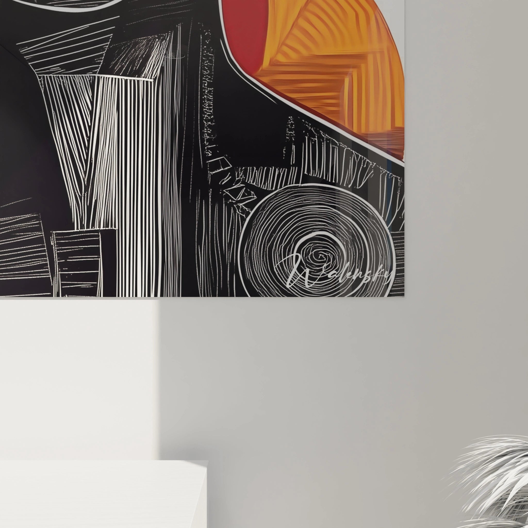 Tableau africain mural abstrait signé Walensky aux tons dorés et beiges pour décoration intérieure