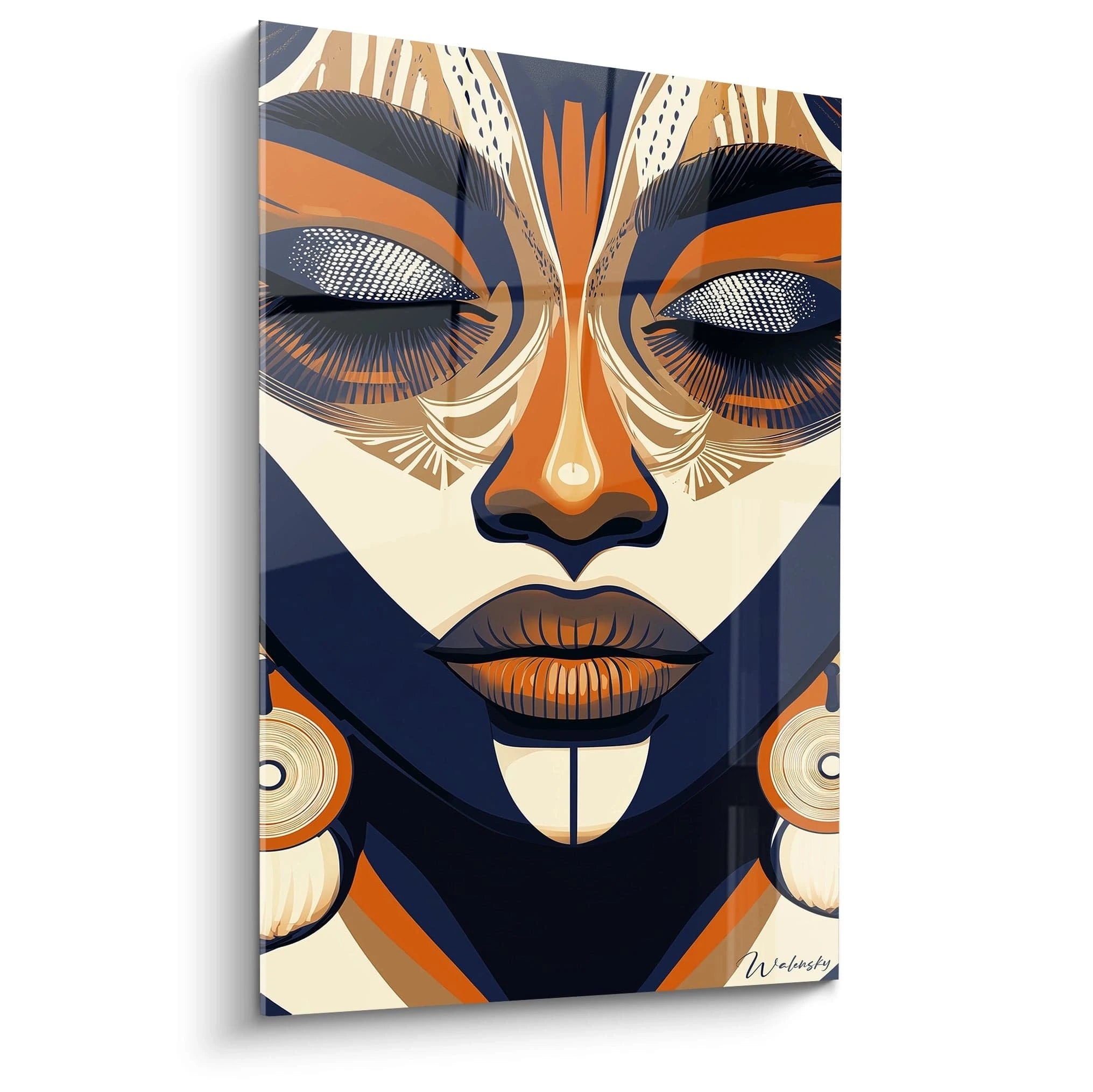 Tableau africain mural de Walensky portrait stylisé femme aux yeux fermés en tons orange et bleu