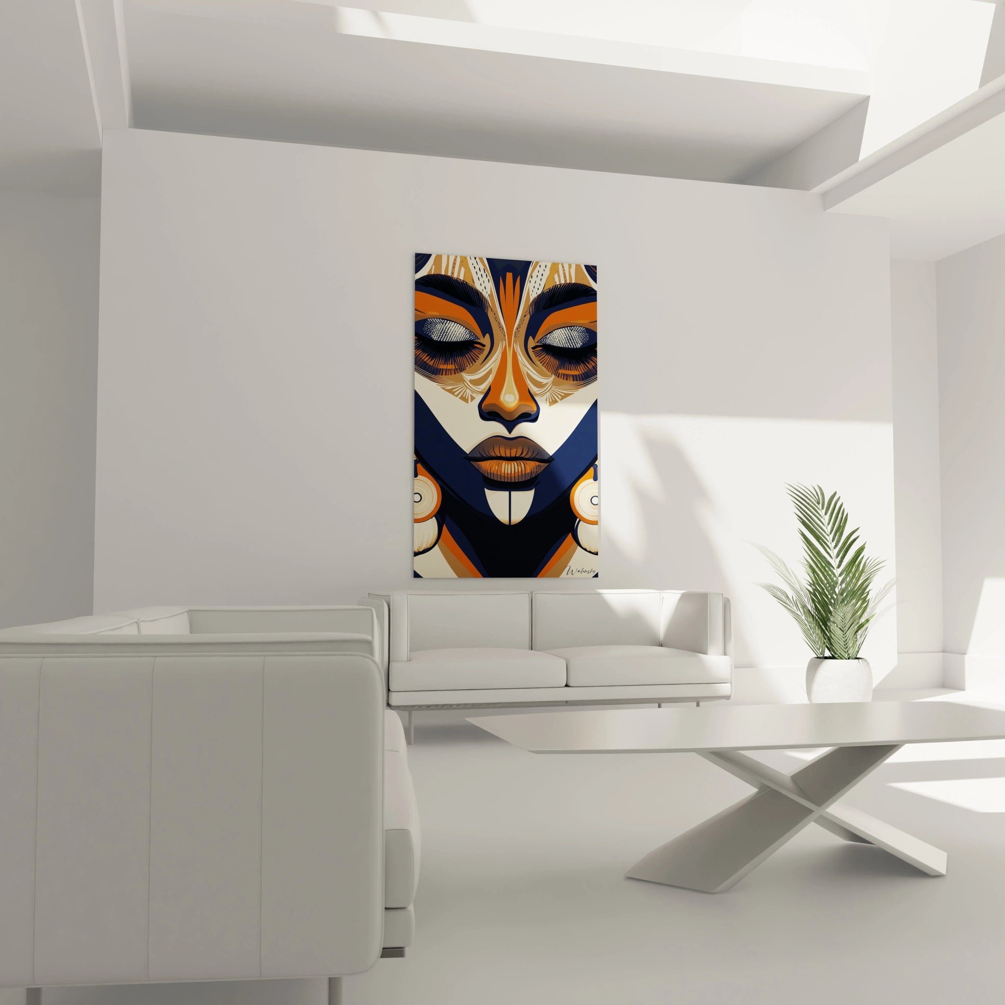 Tableau africain mural Walensky représentant un visage stylisé en couleurs chaudes dans un salon moderne lumineux