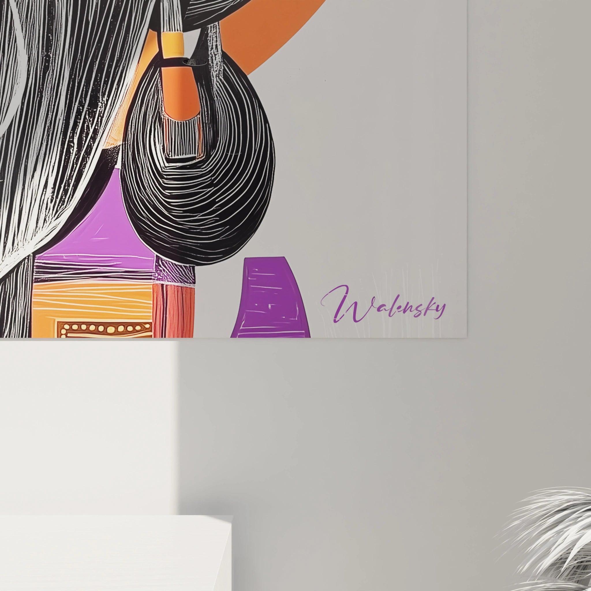 Détail de tableau africain mural coloré signé Walensky avec motifs modernes et formes abstraites