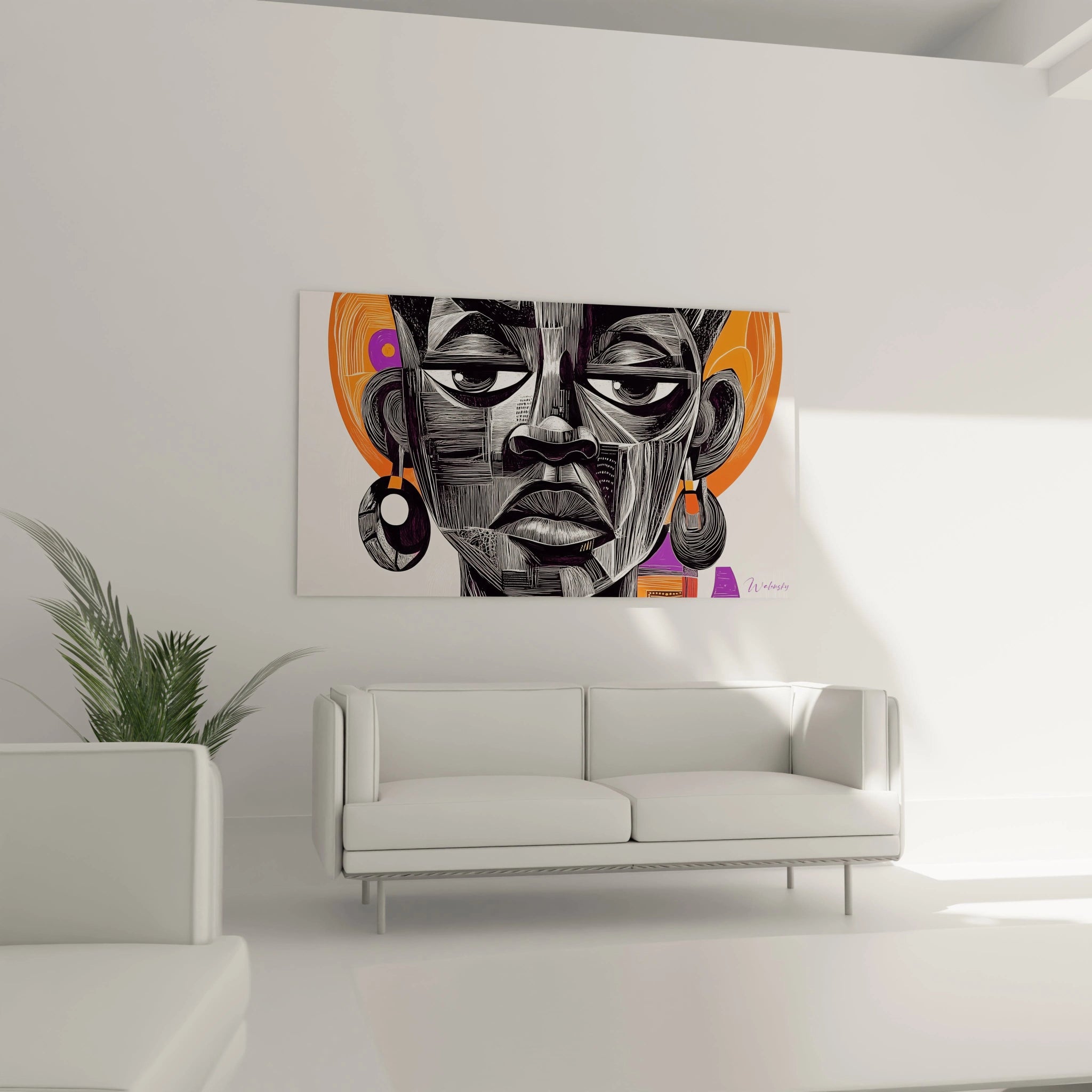 Tableau africain mural Walensky avec portrait moderne en noir et blanc et touches orange dans un salon minimaliste