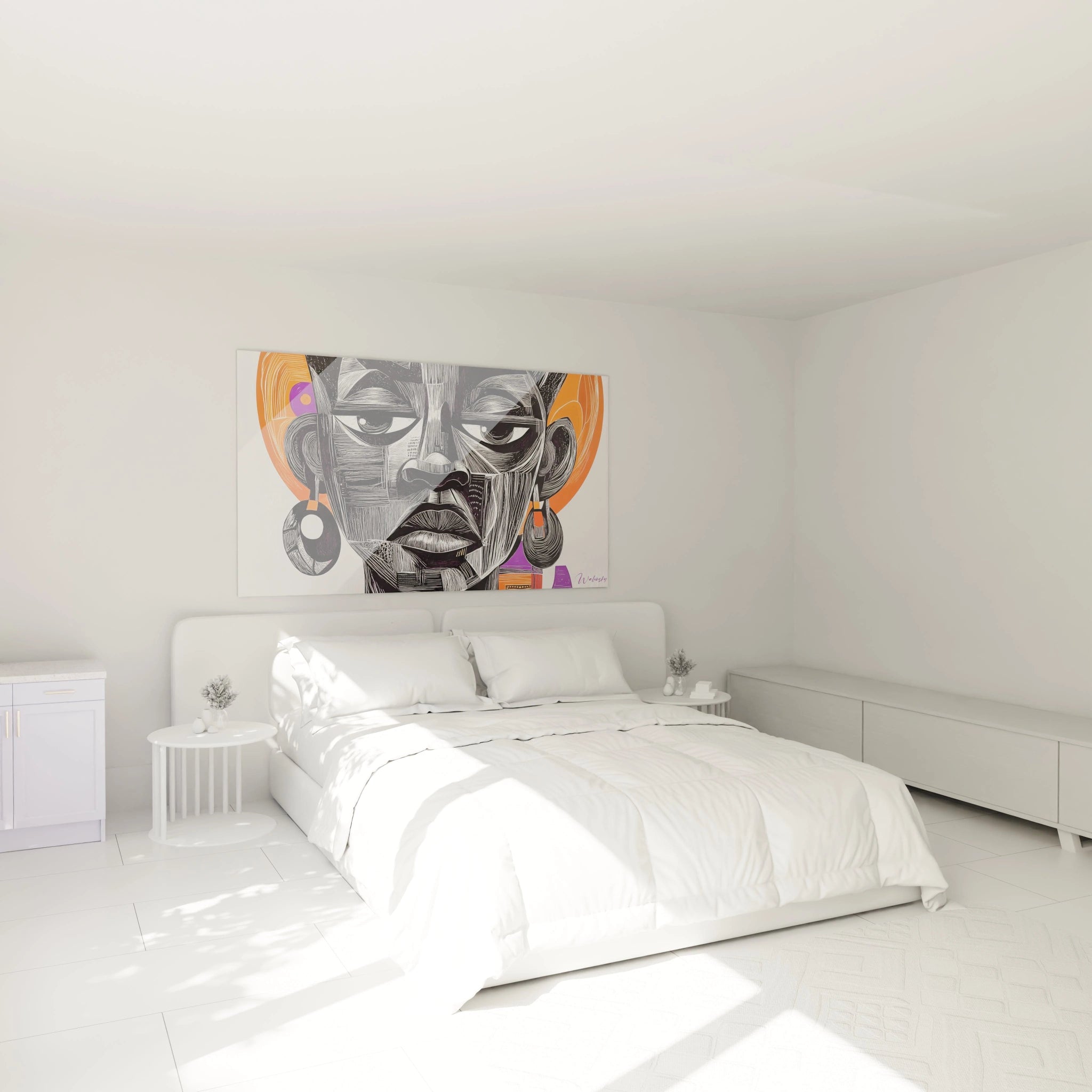 Tableau africain mural Walensky avec visage stylisé en noir et orange dans une chambre moderne blanche