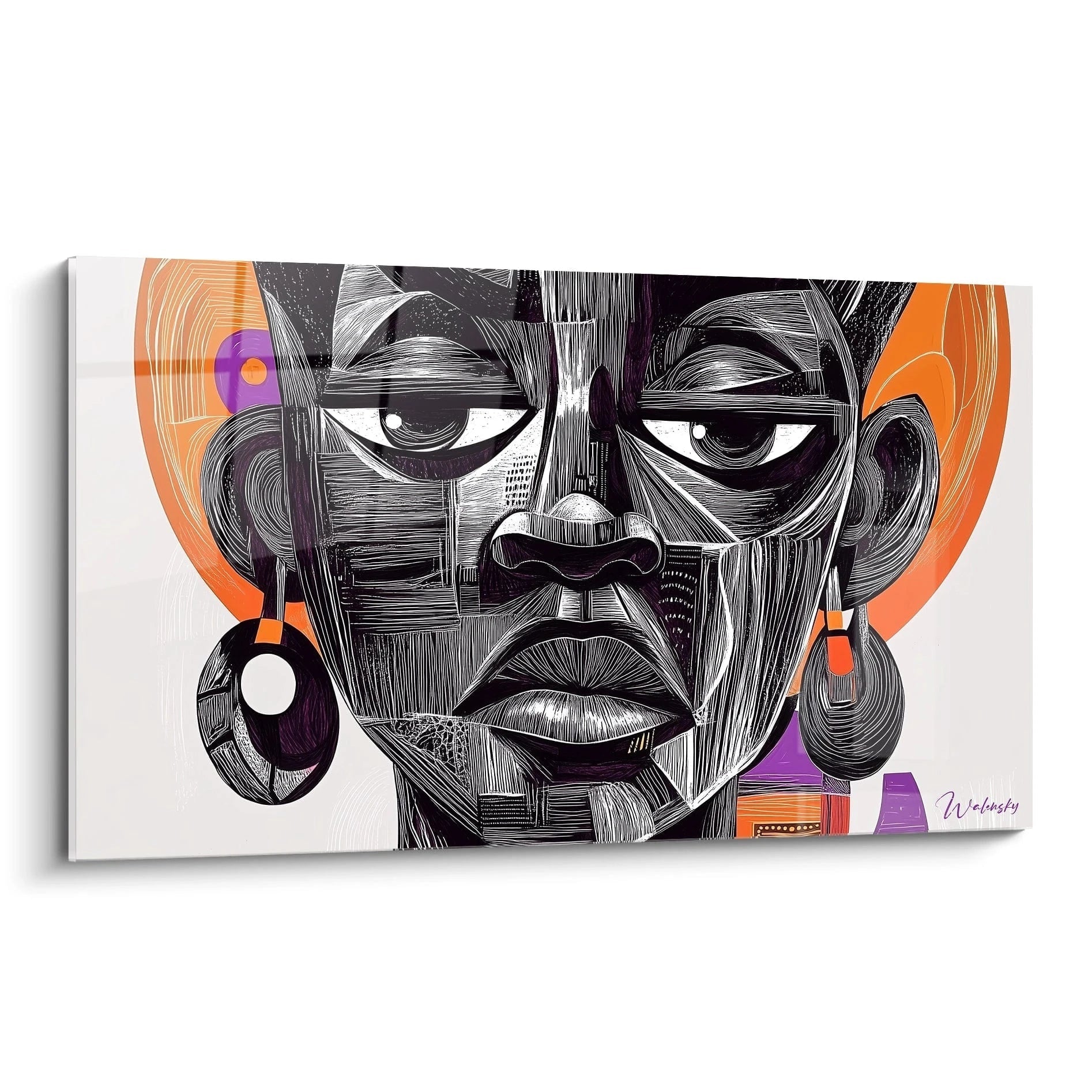 Tableau africain mural Walensky visage stylisé en noir blanc avec touches orange et violet