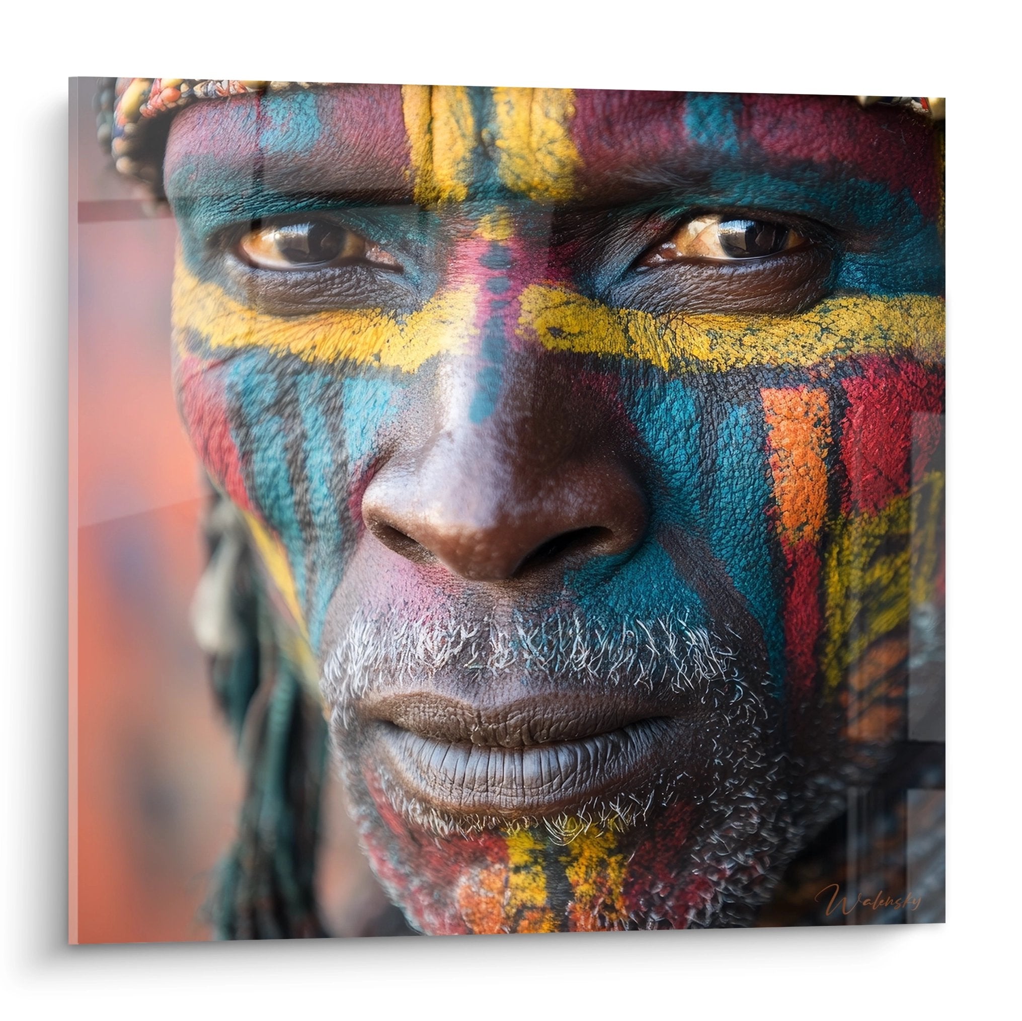Tableau mural visage africain homme peintures tribales colorées art ethnique contemporain