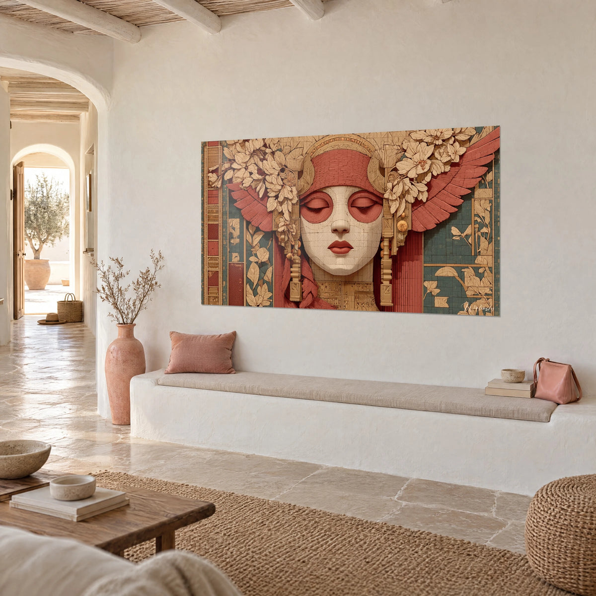 Cuadro diosa de mosaico con labios rojos, tocado carmesí y follaje beige sobre fondo verde grisáceo, pared encalada mediterránea