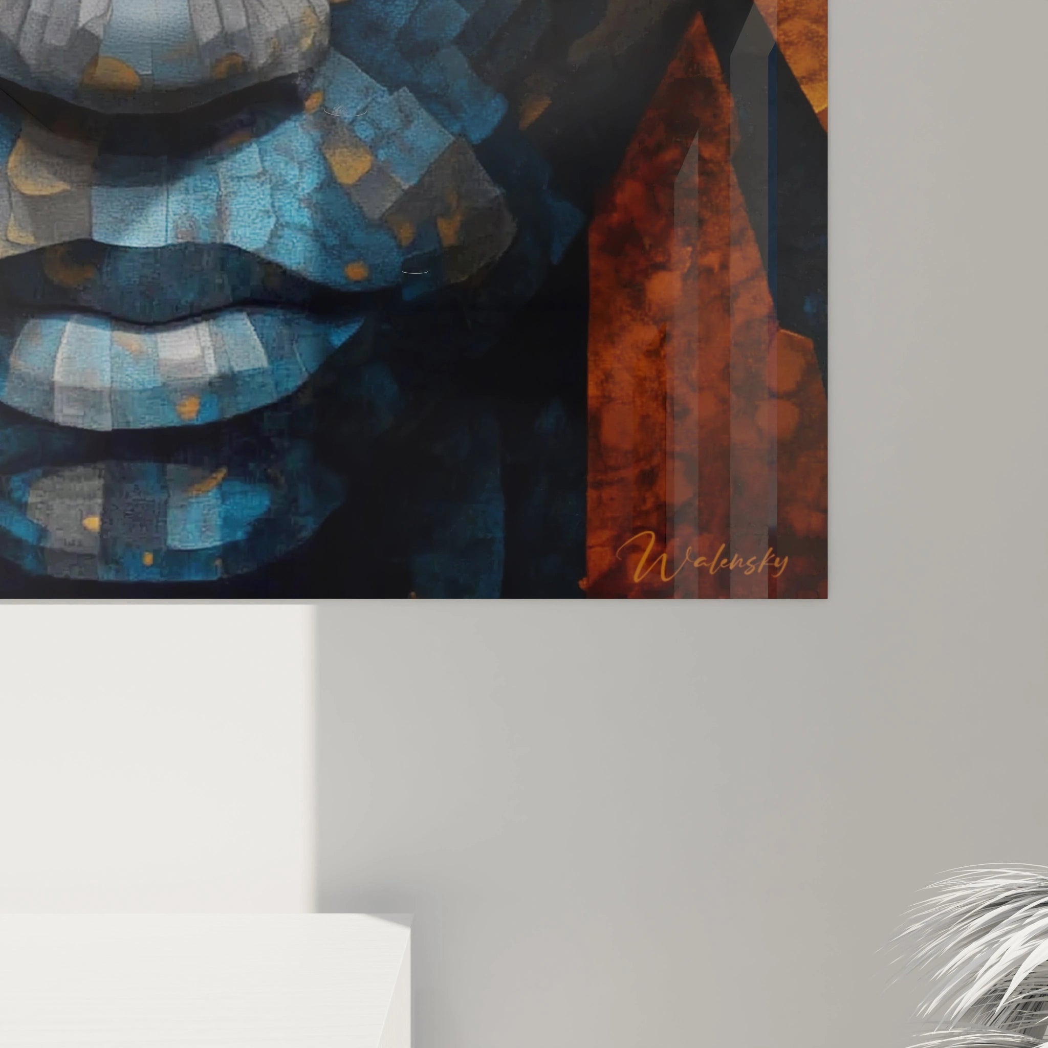 Tableau mural masque africain moderne de Walensky avec des couleurs vives et des motifs uniques