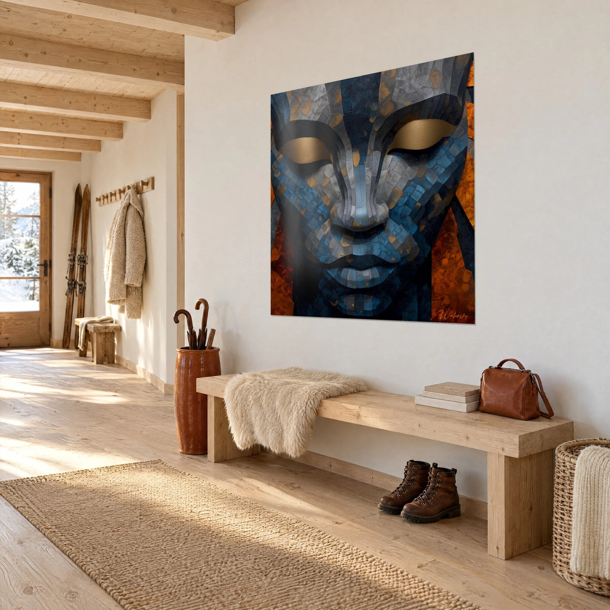 Cuadro máscara africana en teselas grises y azules, párpados dorados mate, fondo naranja óxido, colgado sobre un banco de madera de un chalet de montaña