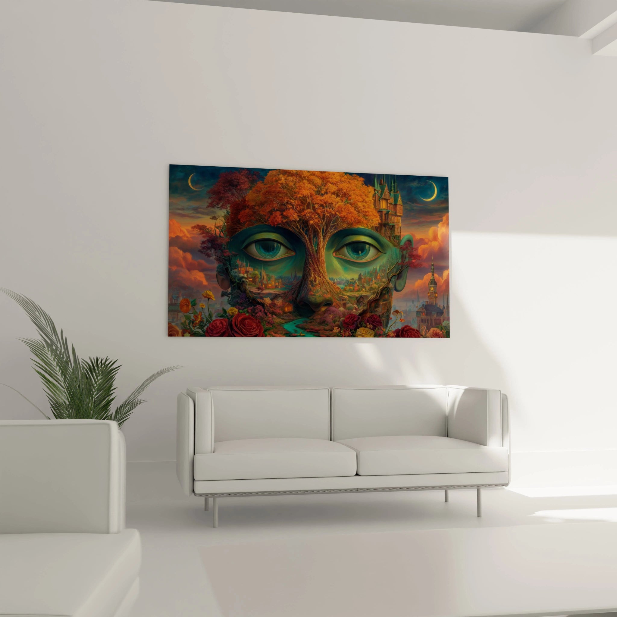 tableau surréaliste visage arbre Walensky grand tableau mural coloré avec visage formé par un arbre et château au crépuscule