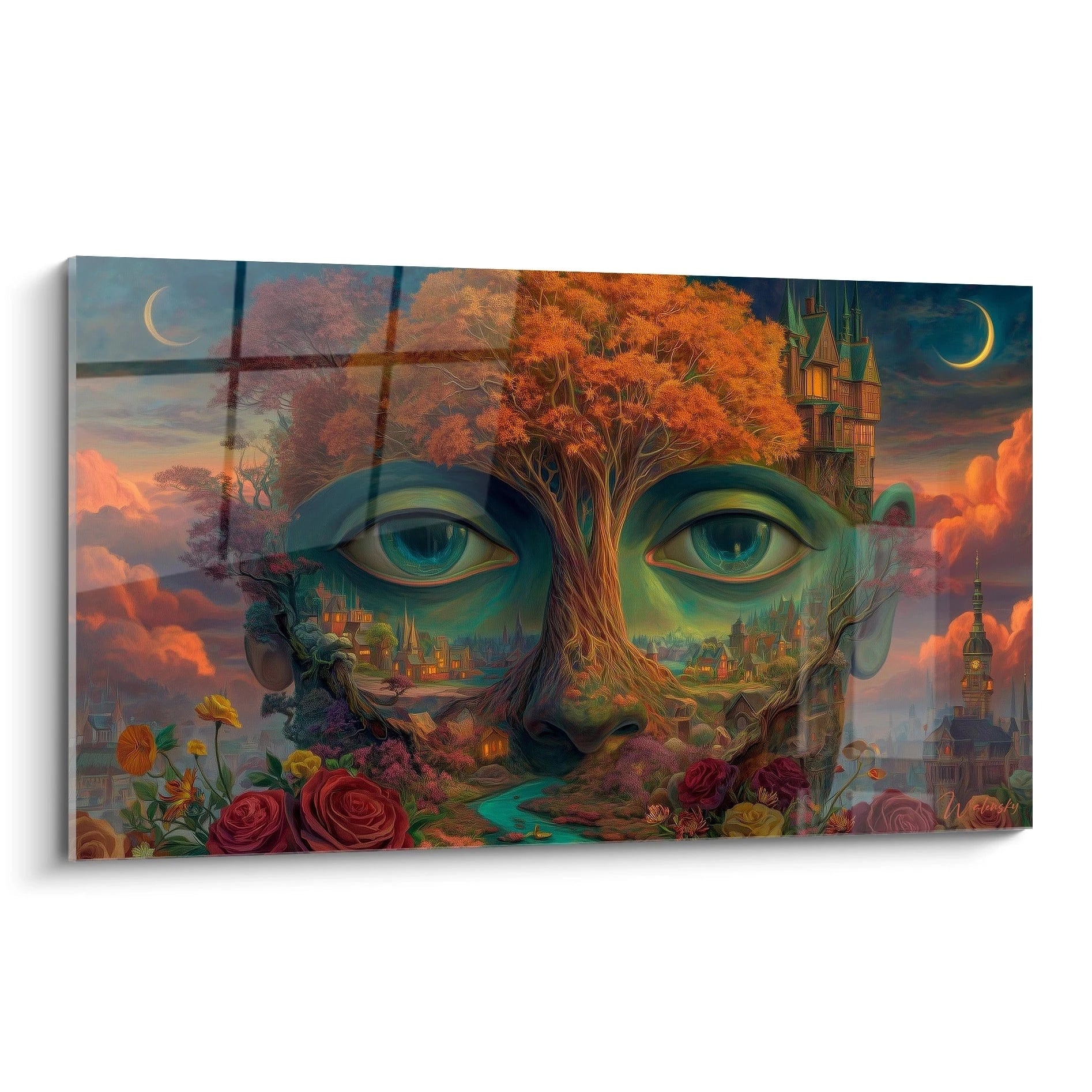 tableau surréaliste visage arbre Walensky grand panneau mural montrant un visage formé par un arbre avec château, rivière et roses