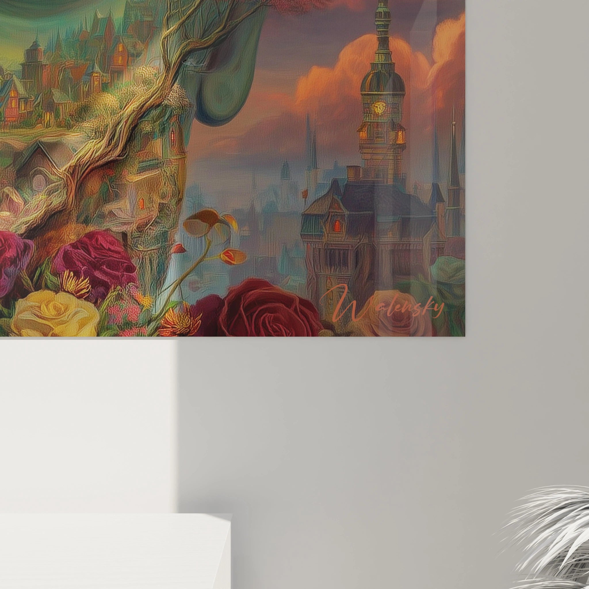 tableau surréaliste visage arbre Walensky montrant un visage fusionné à un arbre un paysage de roses et citadelle gothique