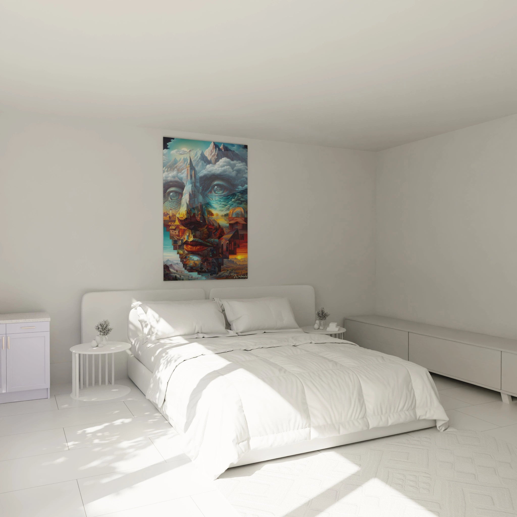 tableau visage surréaliste Walensky affiche murale colorée au dessus d un lit dans chambre minimaliste blanche